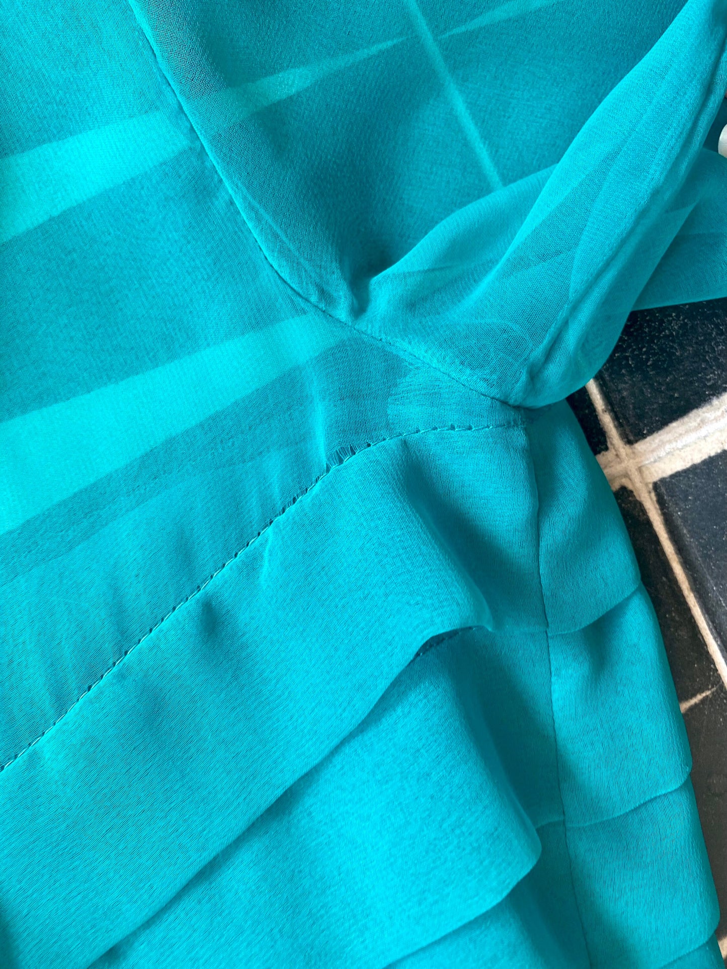 60s Mollie PARNIS Teal Turquoise Green Chiffon Full Skirt Pleated Bodice Long Sheer Sleeves Maxi Dress