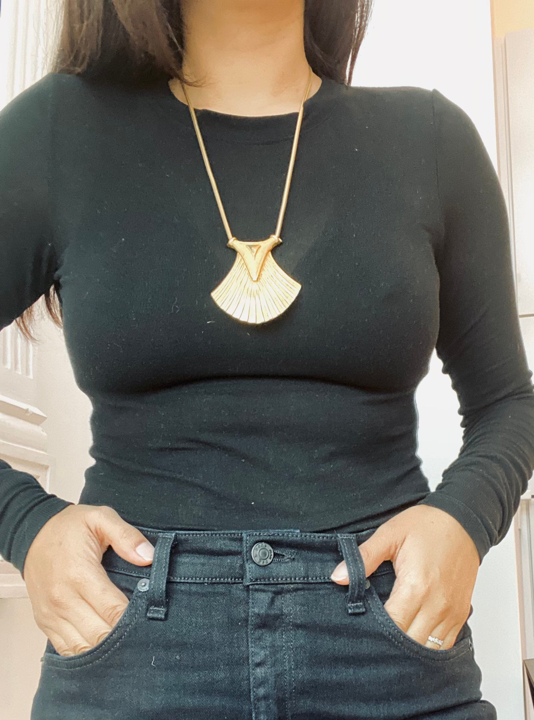 1970s TRIFARI Signed Egyptian Revival Gold Necklace Snake Chain Art Deco Style 25" Long