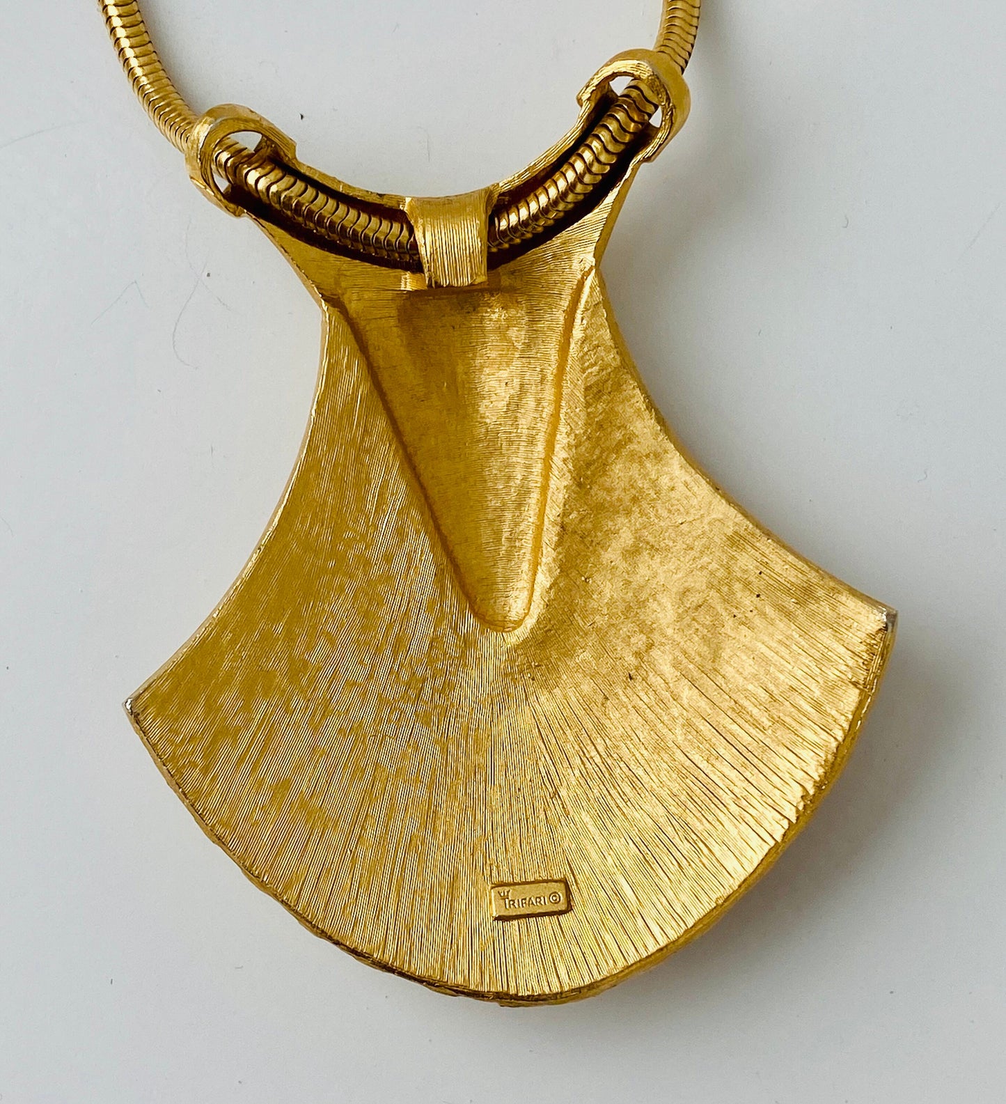 1970s TRIFARI Signed Egyptian Revival Gold Necklace Snake Chain Art Deco Style 25" Long