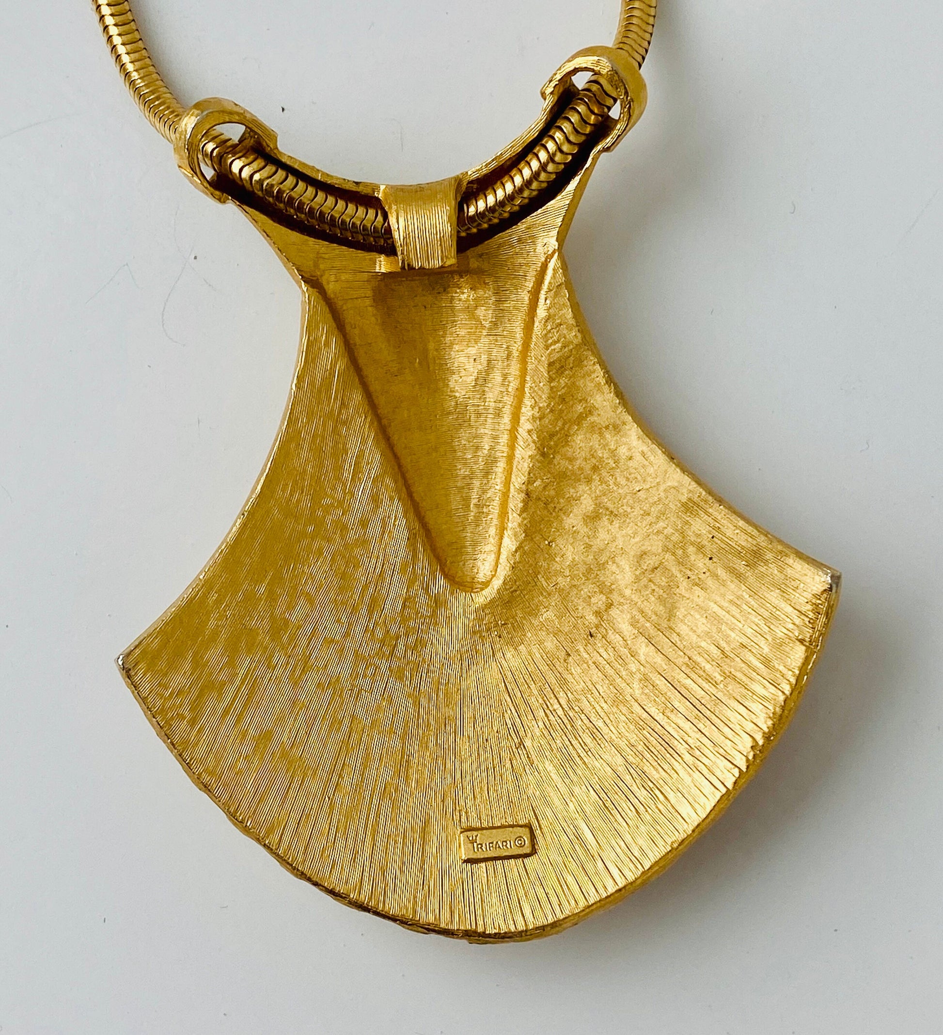 1970s TRIFARI Signed Egyptian Revival Gold Necklace Snake Chain Art Deco Style 25" Long