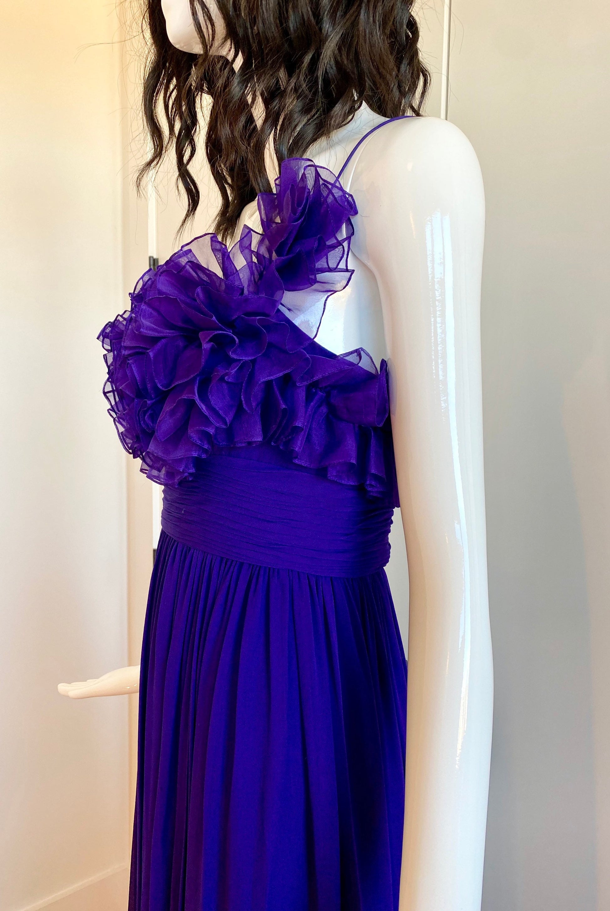 MARCHESA Notte Purple Silk Chiffon Ruffled 3D Strappy Maxi Gown Size 4