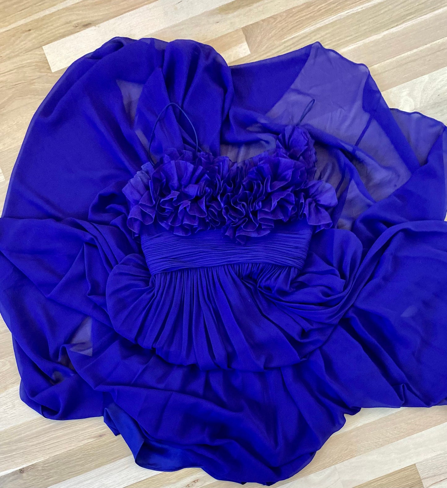 MARCHESA Notte Purple Silk Chiffon Ruffled 3D Strappy Maxi Gown Size 4