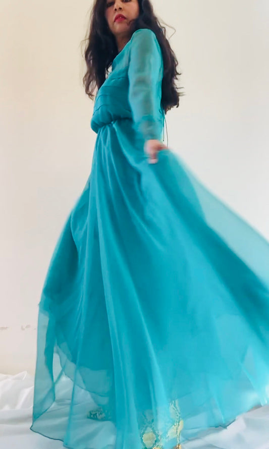60s Mollie PARNIS Teal Turquoise Green Chiffon Full Skirt Pleated Bodice Long Sheer Sleeves Maxi Dress