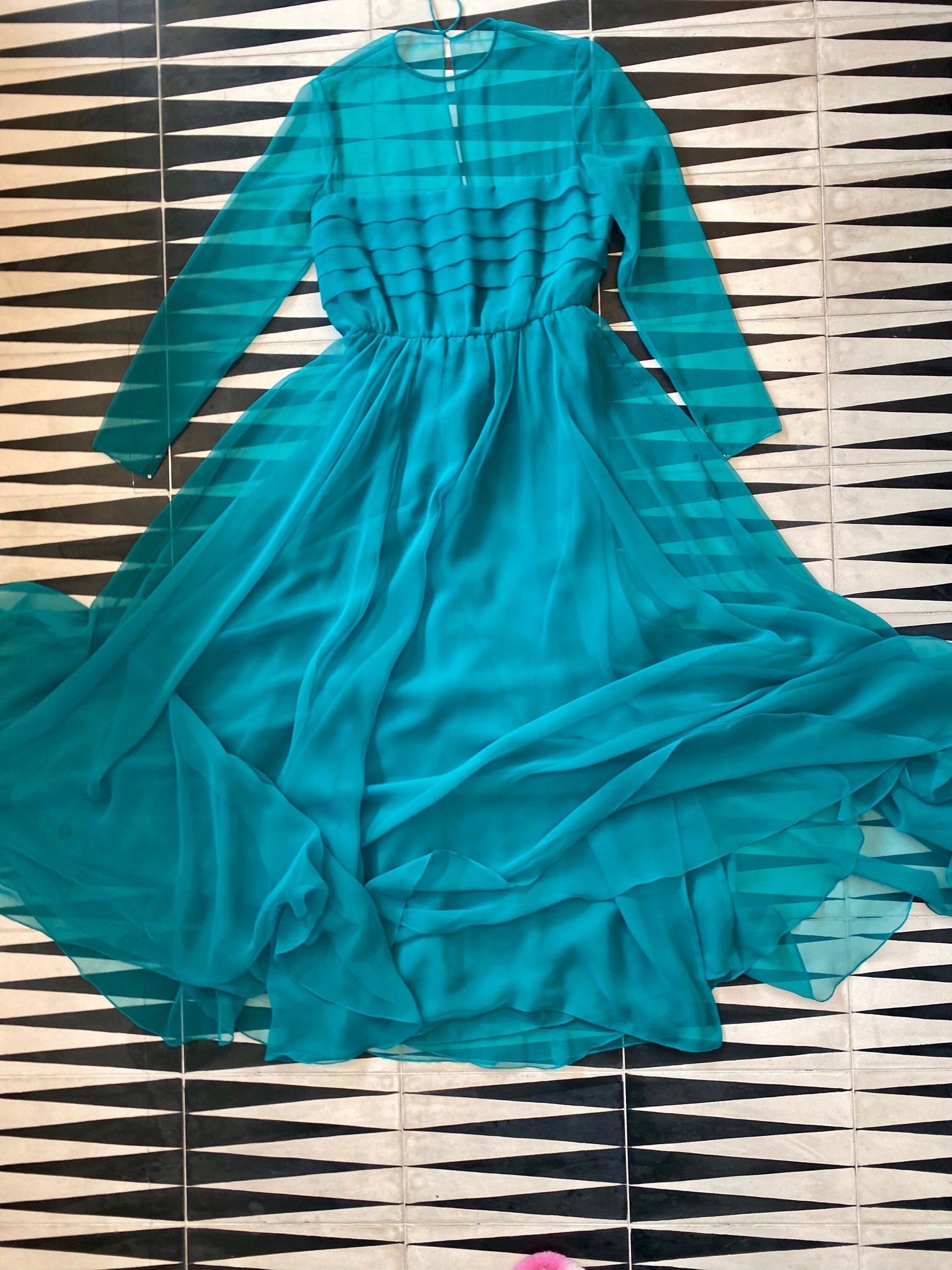 60s Mollie PARNIS Teal Turquoise Green Chiffon Full Skirt Pleated Bodice Long Sheer Sleeves Maxi Dress