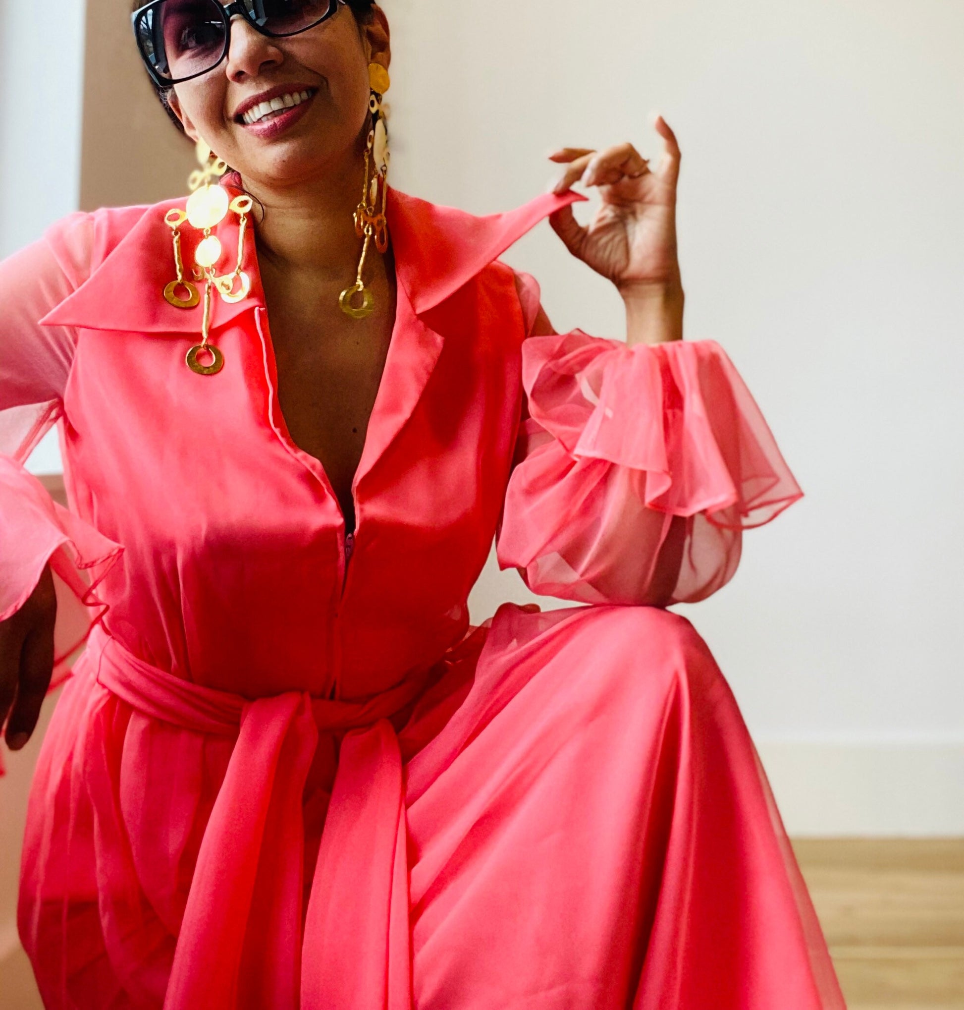 Anne FOGARTY Pink Chiffon Ruffled Sheer Dramatic Sleeves Butterfly Collar Maxi Dress