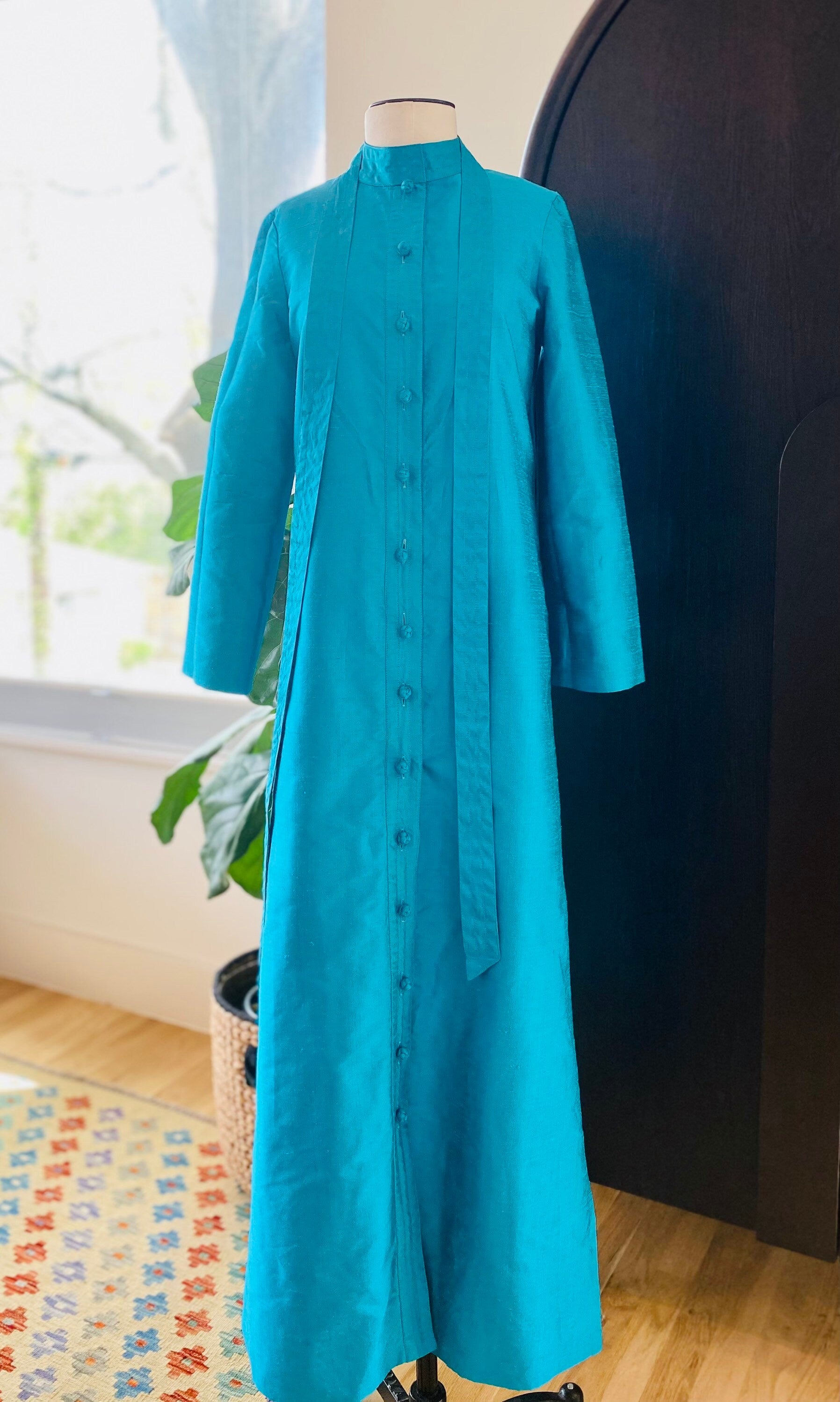 70s Star of Siam Hand Woven Thai Silk Blue Duster Jacket Dress
