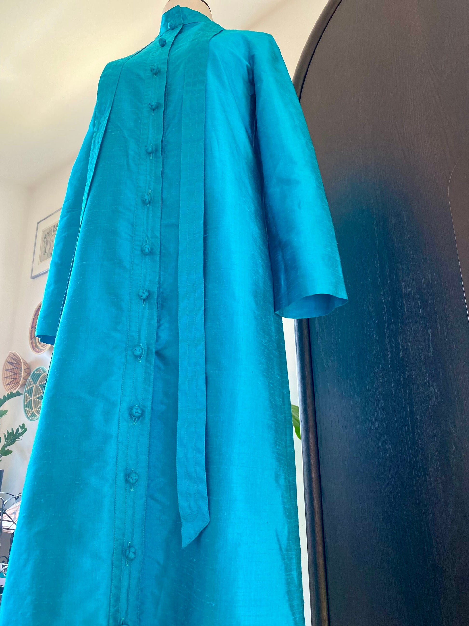 70s Star of Siam Hand Woven Thai Silk Blue Duster Jacket Dress
