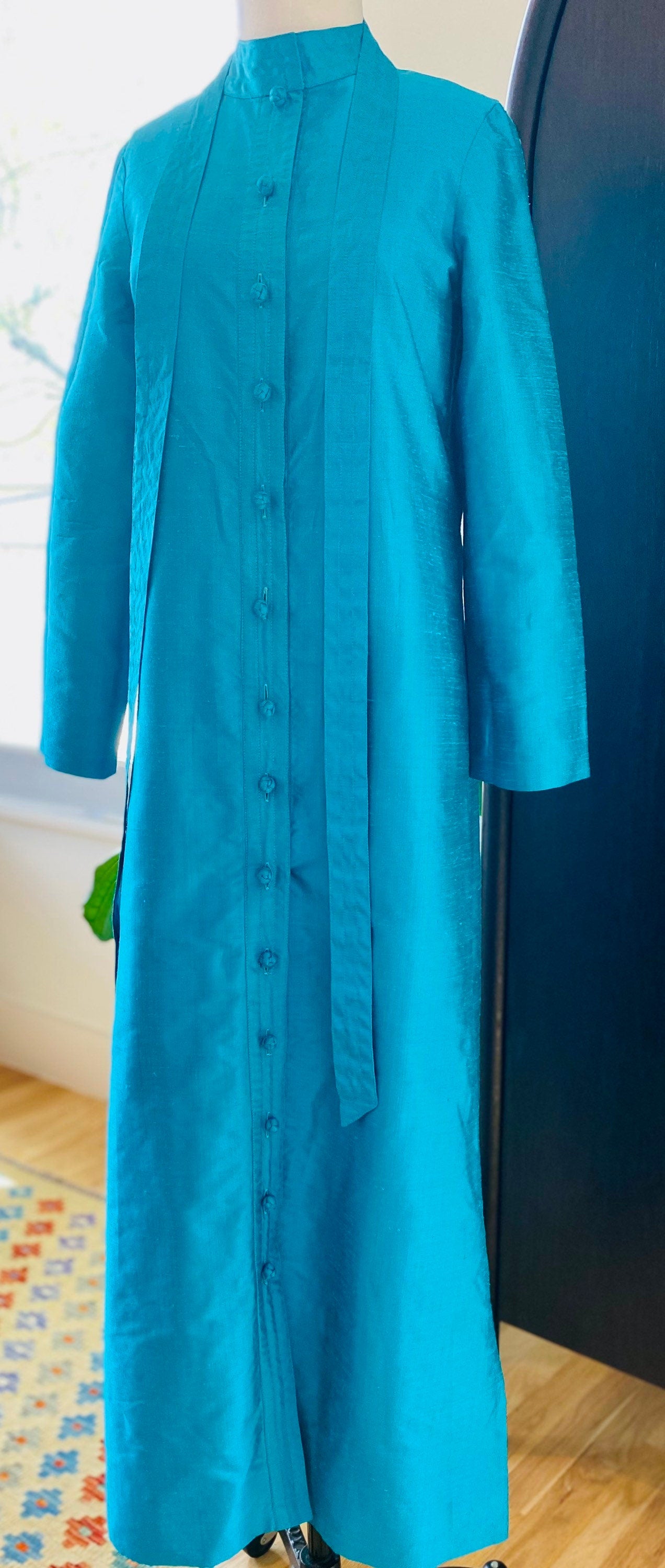 70s Star of Siam Hand Woven Thai Silk Blue Duster Jacket Dress