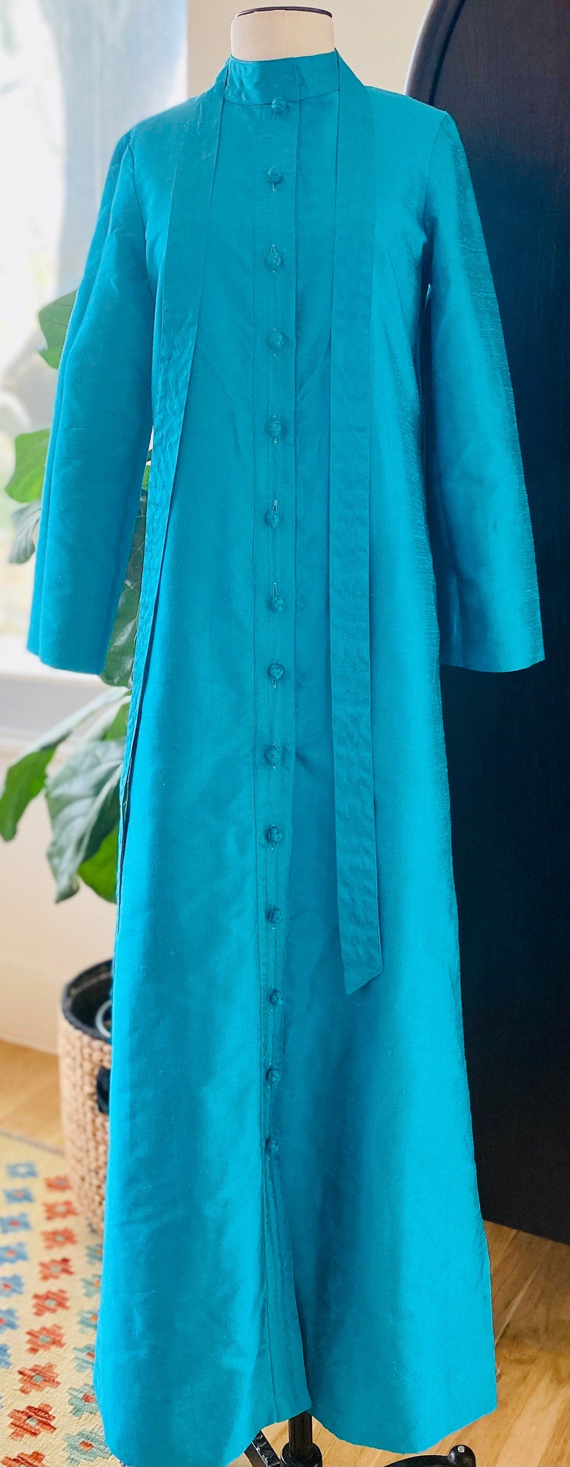 70s Star of Siam Hand Woven Thai Silk Blue Duster Jacket Dress