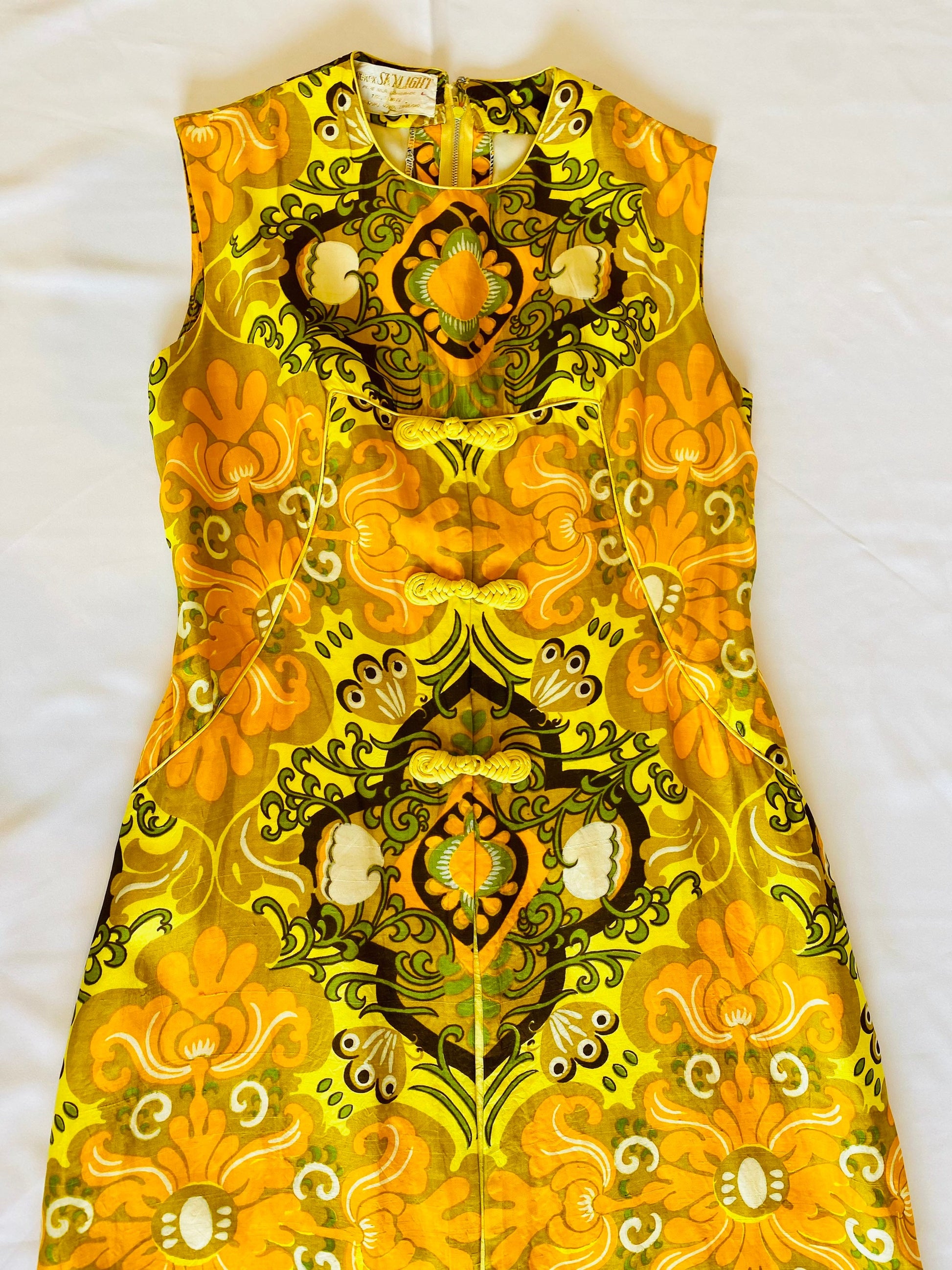 60s Psychedelic Chartreuse Thai Silk Hostess Dress Caftan Mandarin Collar