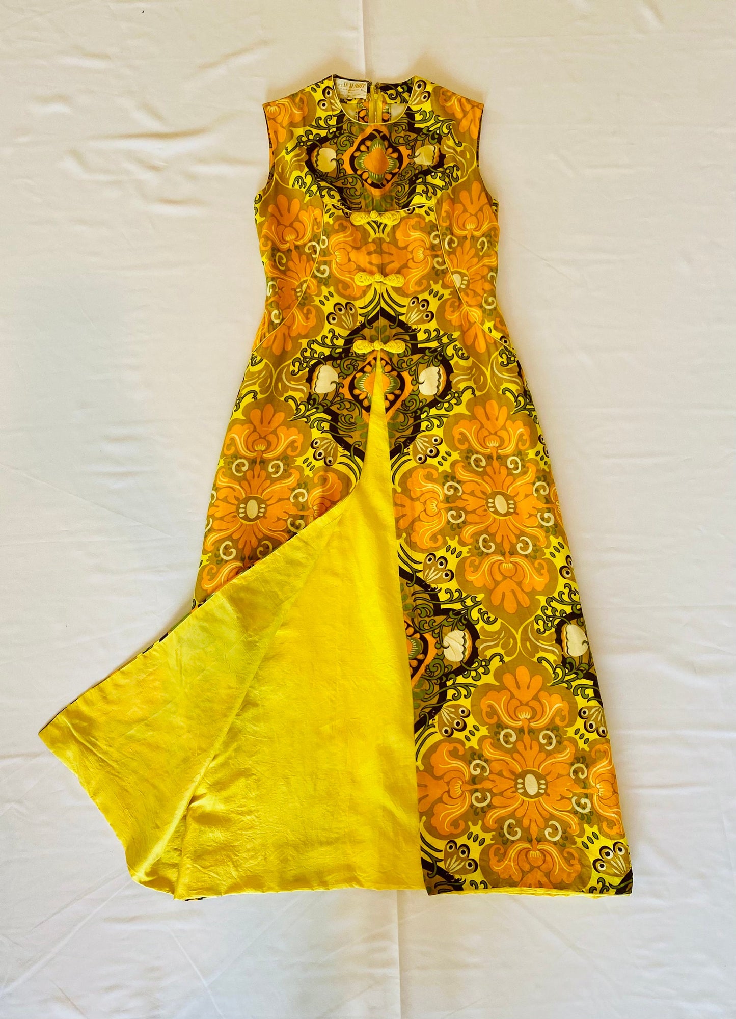 60s Psychedelic Chartreuse Thai Silk Hostess Dress Caftan Mandarin Collar