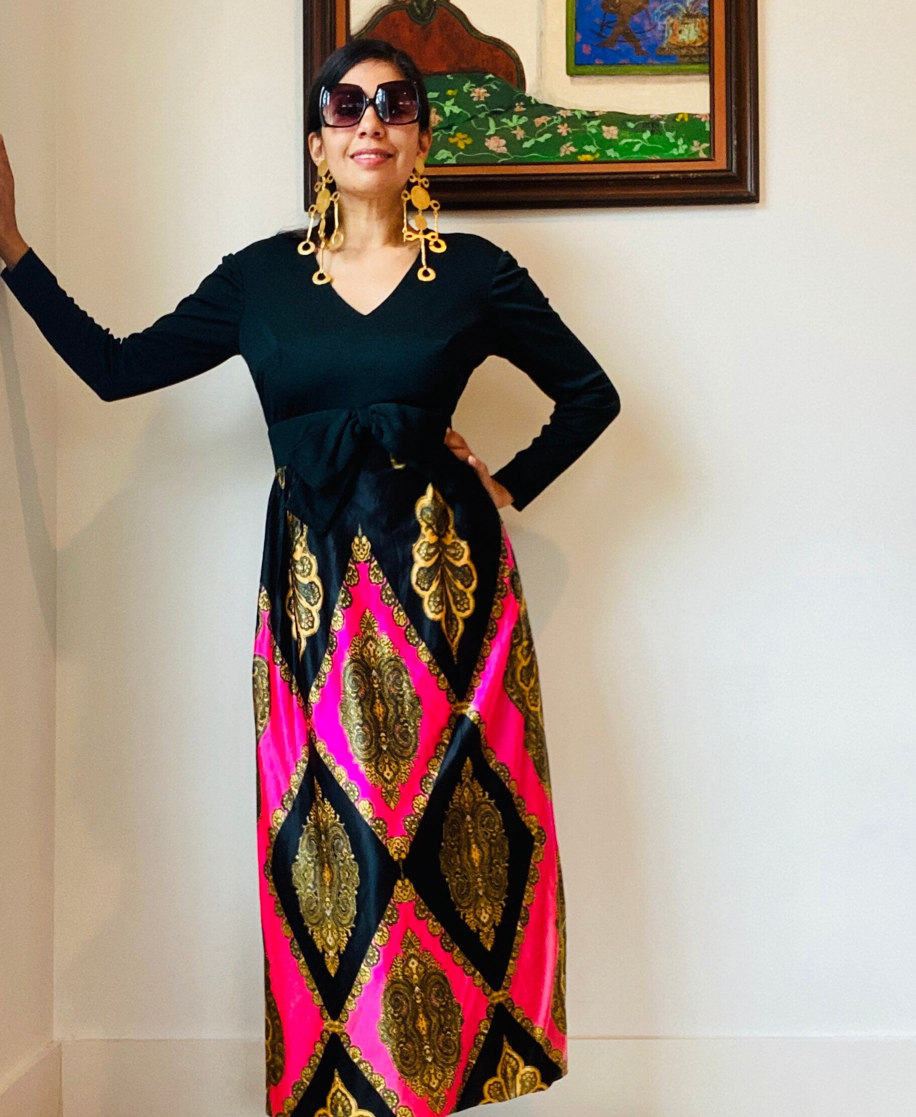 60s/70s Rare Pink and Gold Damask Maxi Dress Long Sleeves 29" Waist