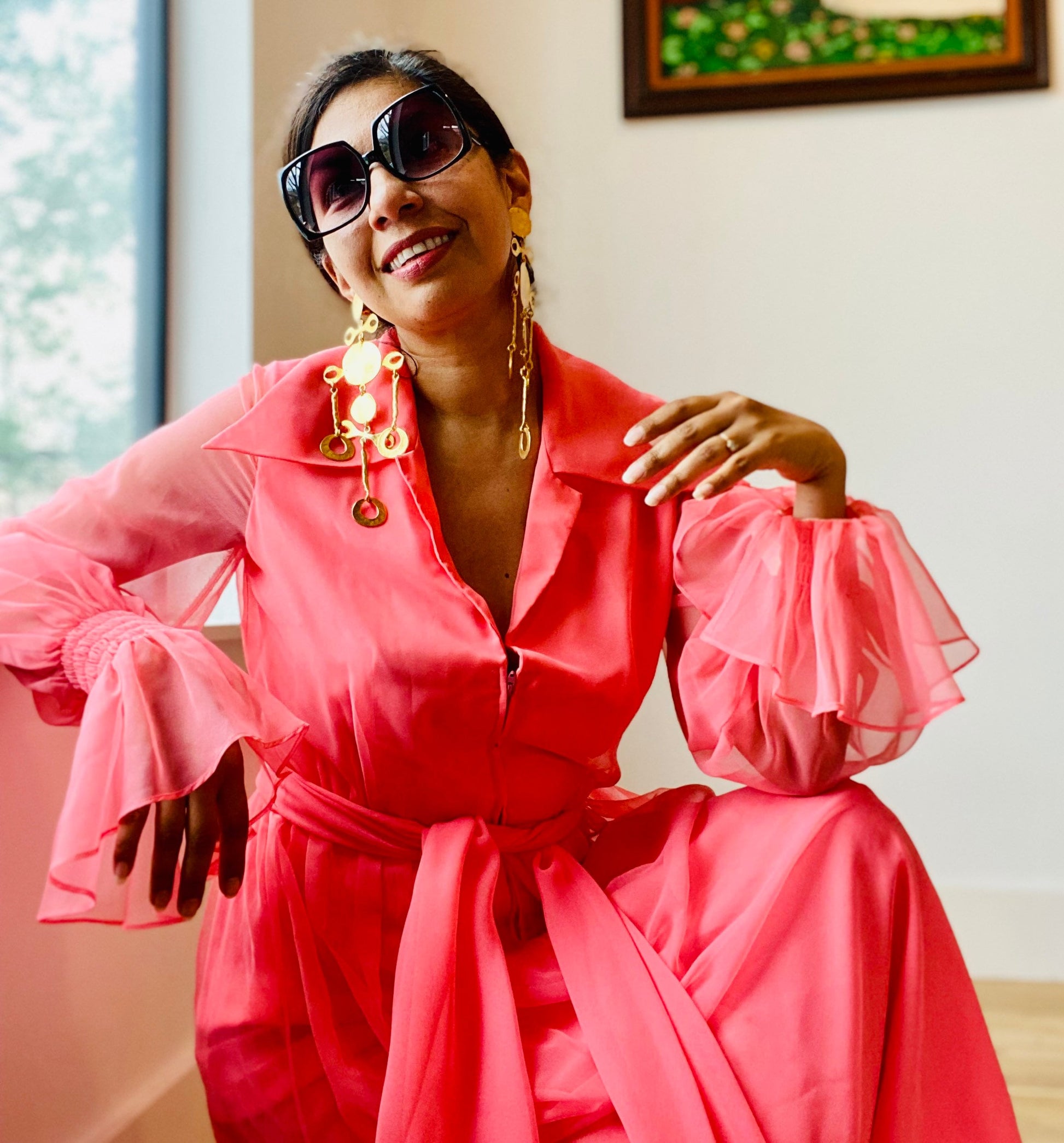 Anne FOGARTY Pink Chiffon Ruffled Sheer Dramatic Sleeves Butterfly Collar Maxi Dress