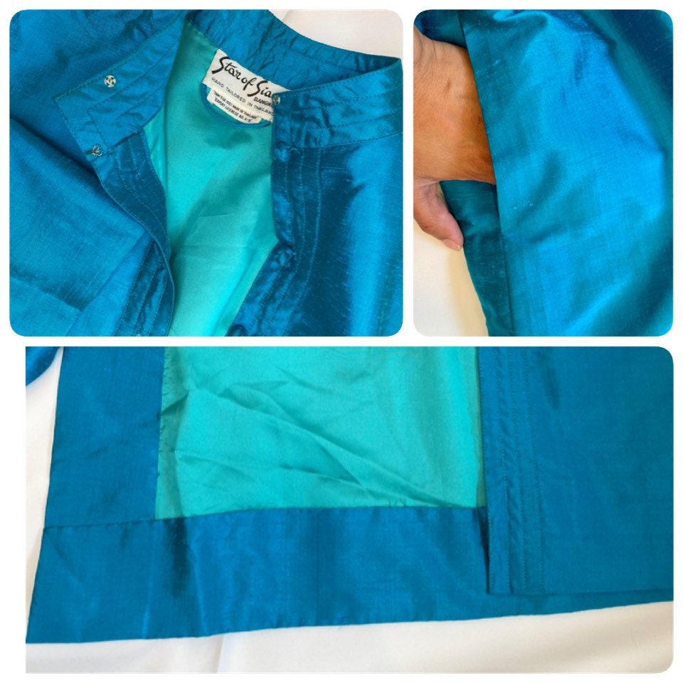 70s Star of Siam Hand Woven Thai Silk Blue Duster Jacket Dress