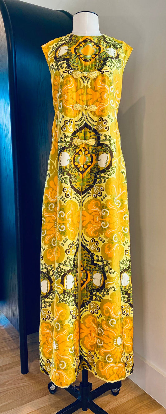 60s Psychedelic Chartreuse Thai Silk Hostess Dress Caftan Mandarin Collar