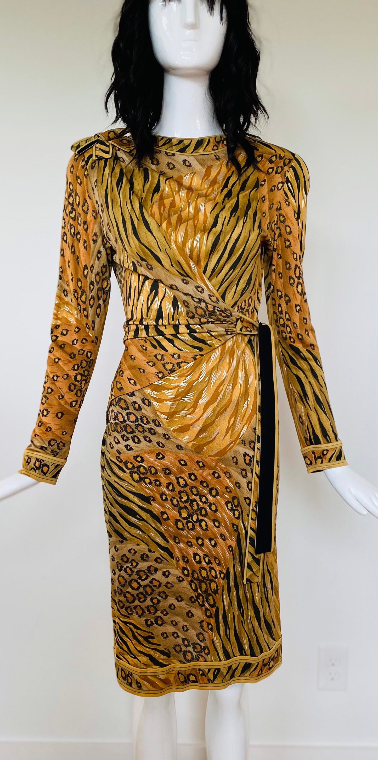 Vintage Leonard Paris Cheetah Print Silk Jersey Wrap Long Sleeves Dress