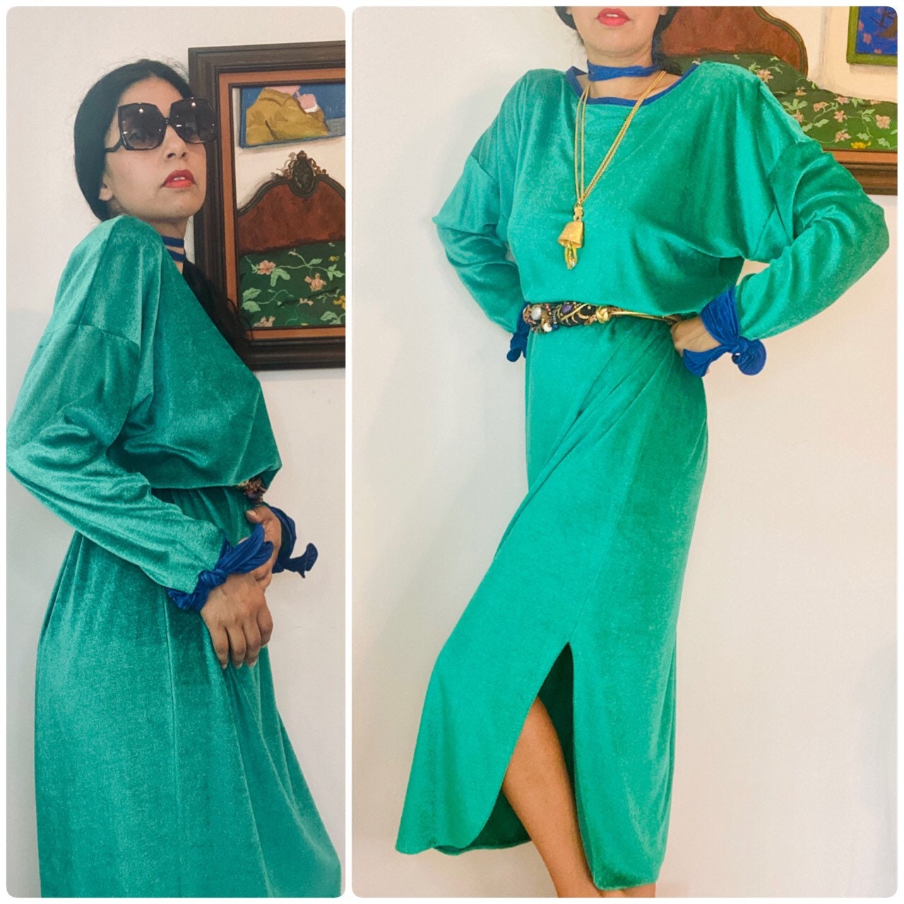 70s/80s Disco Mary McFadden Emerald Green Velour Caftan Dress Loungewear Pool Party