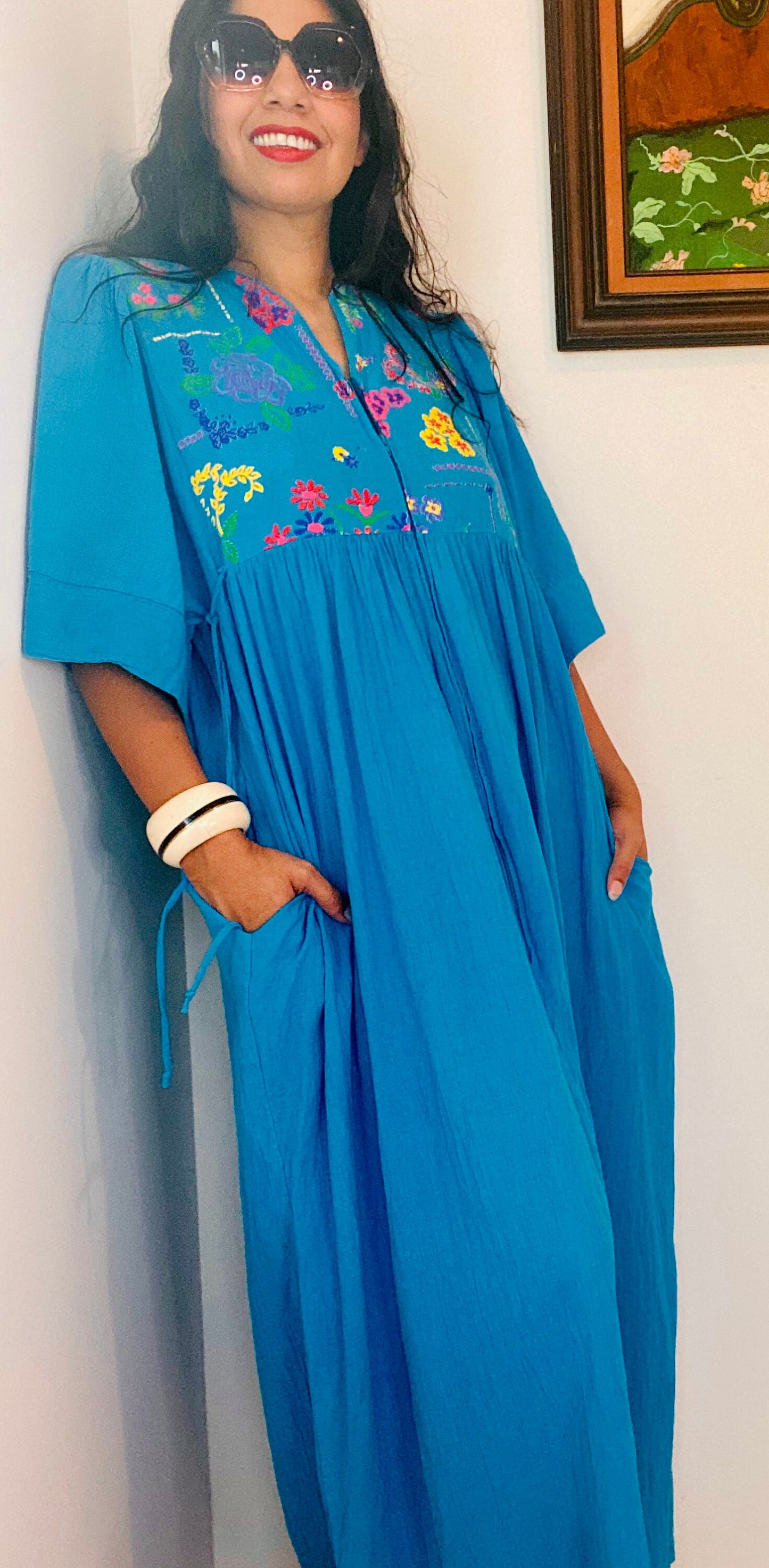 70s Lucie Ann Beverly Hills Blue Cotton Gauze Muumuu Caftan Patio Dress