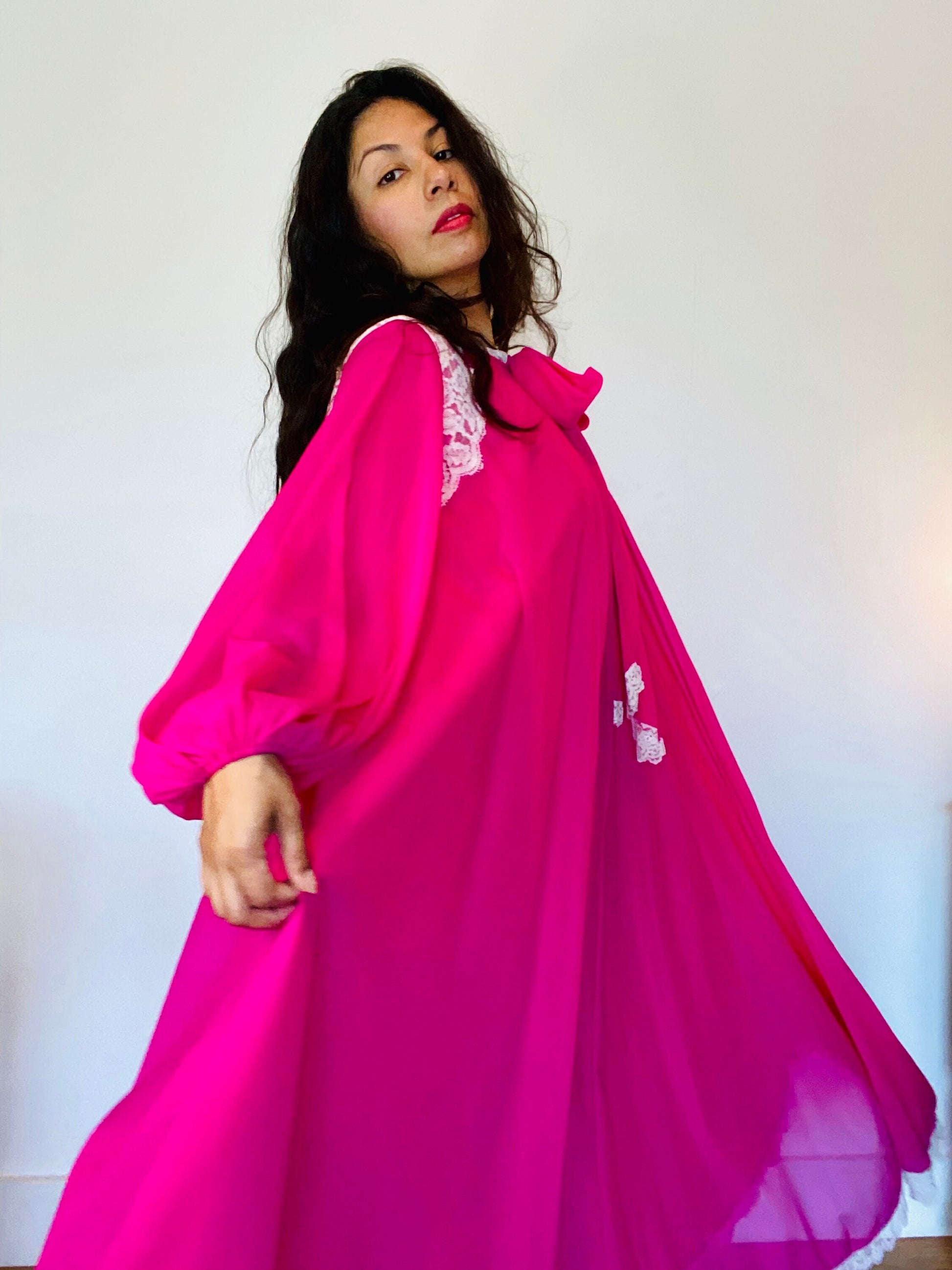 60s Claire Sandra by Lucie Ann Beverly Hills Hot Pink Nylon Sweeping Peignoir Set Neck Bow Lace Trim Balloon Sleeves