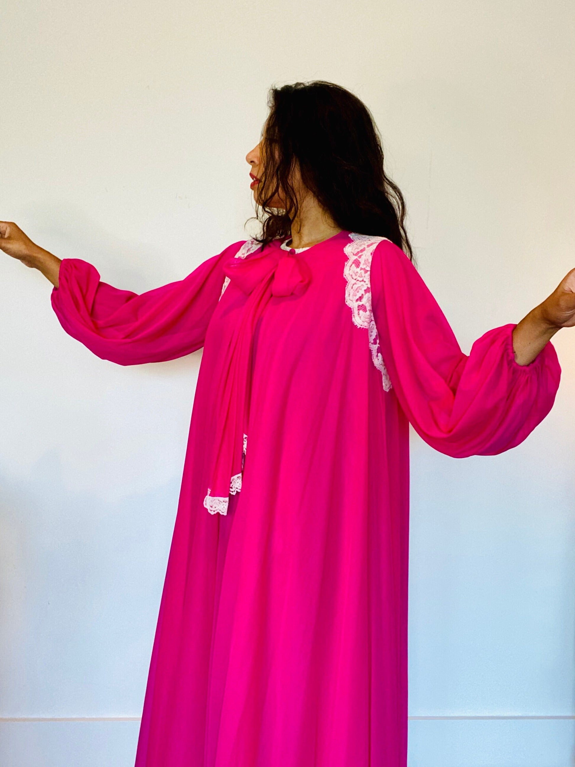 60s Claire Sandra by Lucie Ann Beverly Hills Hot Pink Nylon Sweeping Peignoir Set Neck Bow Lace Trim Balloon Sleeves