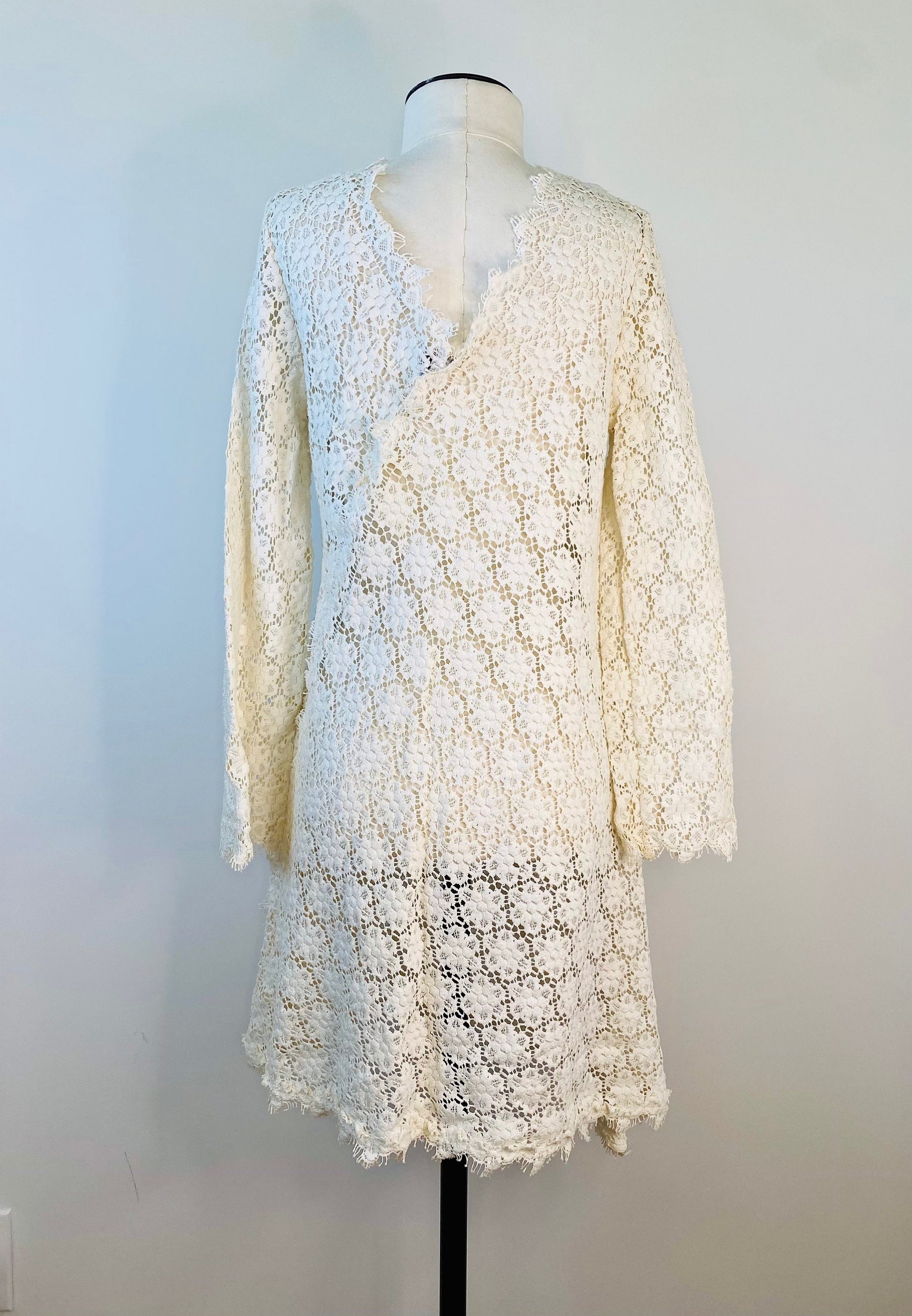 60/70s Hippie Crochet Lace Micro Mini Tunic Dress Flower Power by Rebecca