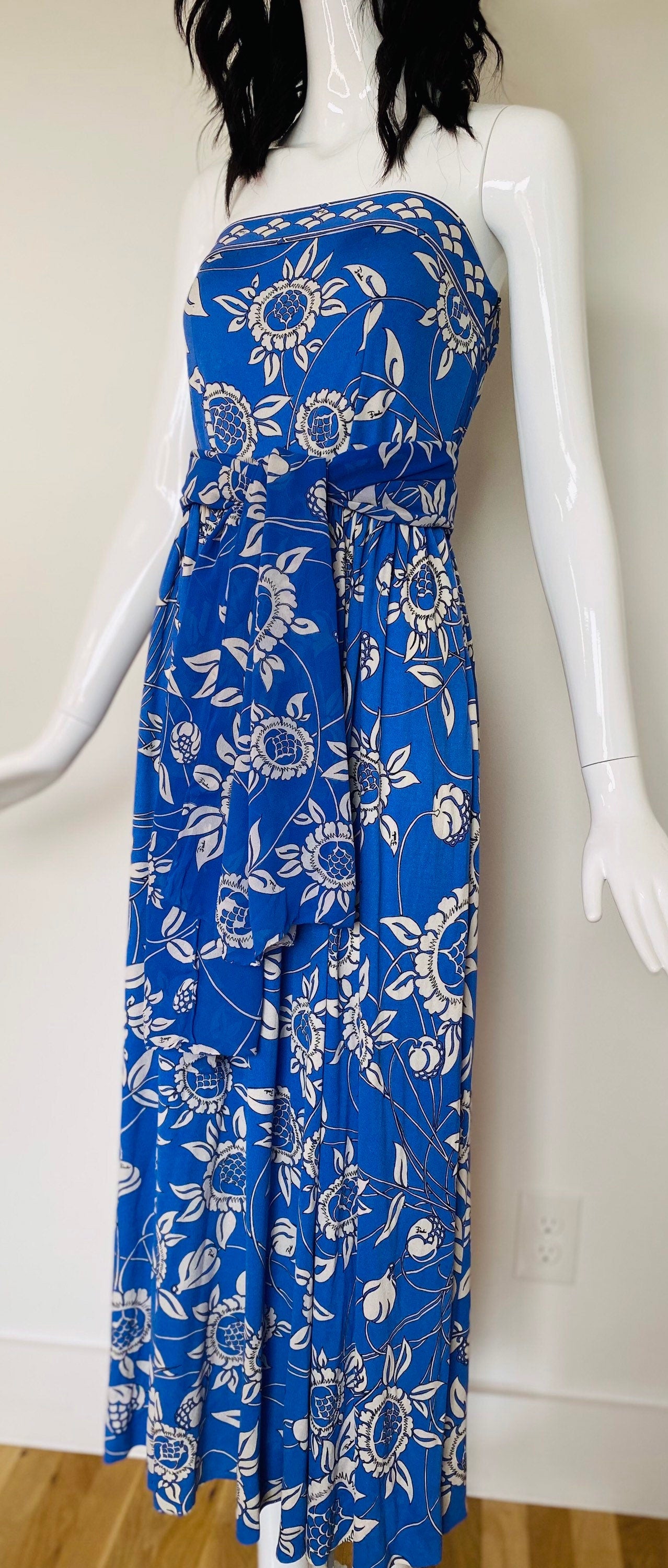 70s Emilio PUCCI Blue Floral Silk Strapless Maxi Dress and Shawl Ensemble Small/Medium