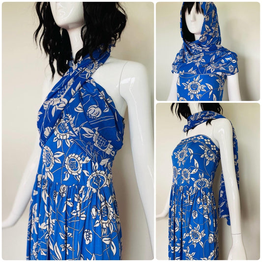 70s Emilio PUCCI Blue Floral Silk Strapless Maxi Dress and Shawl Ensemble Small/Medium