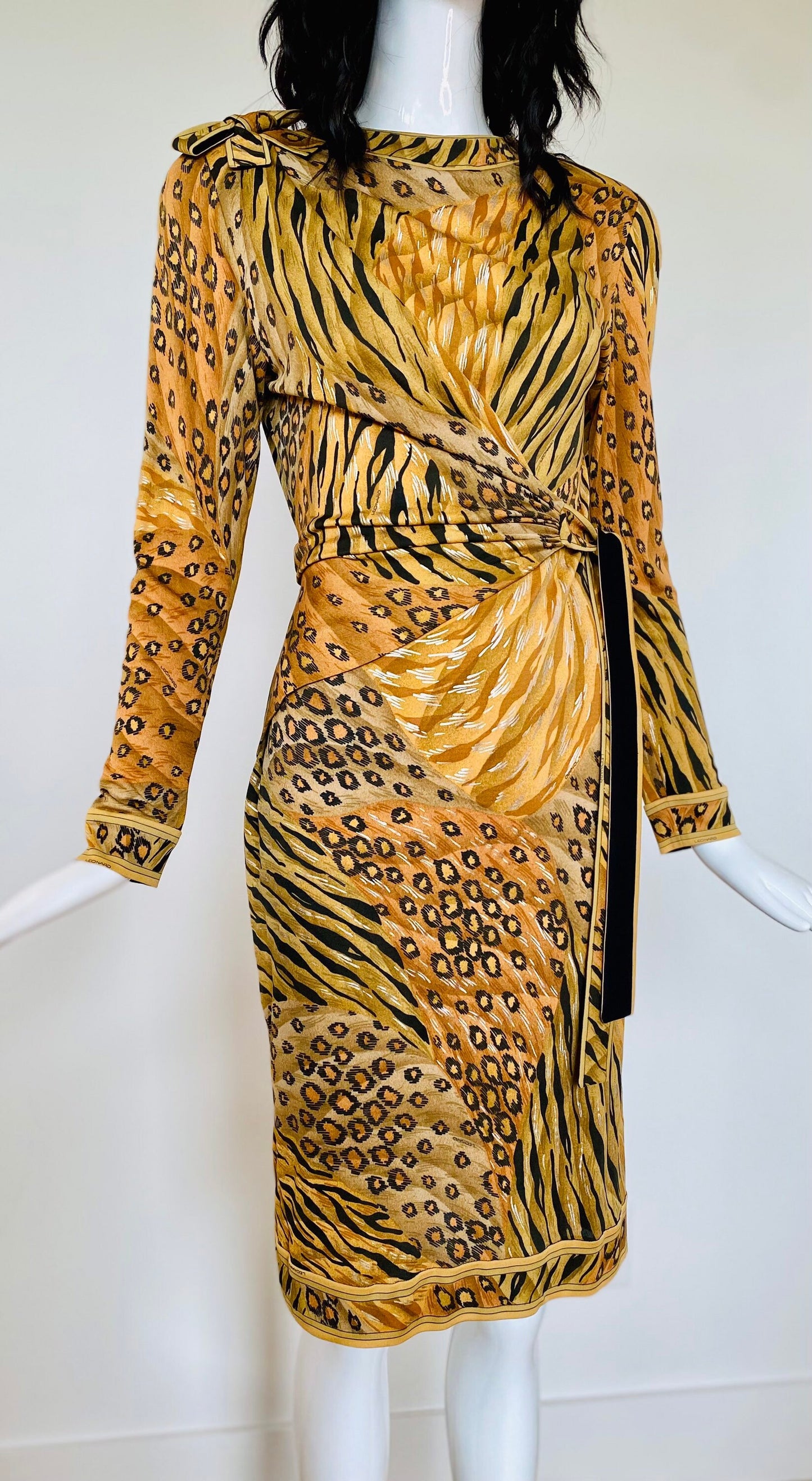 Vintage Leonard Paris Cheetah Print Silk Jersey Wrap Long Sleeves Dress