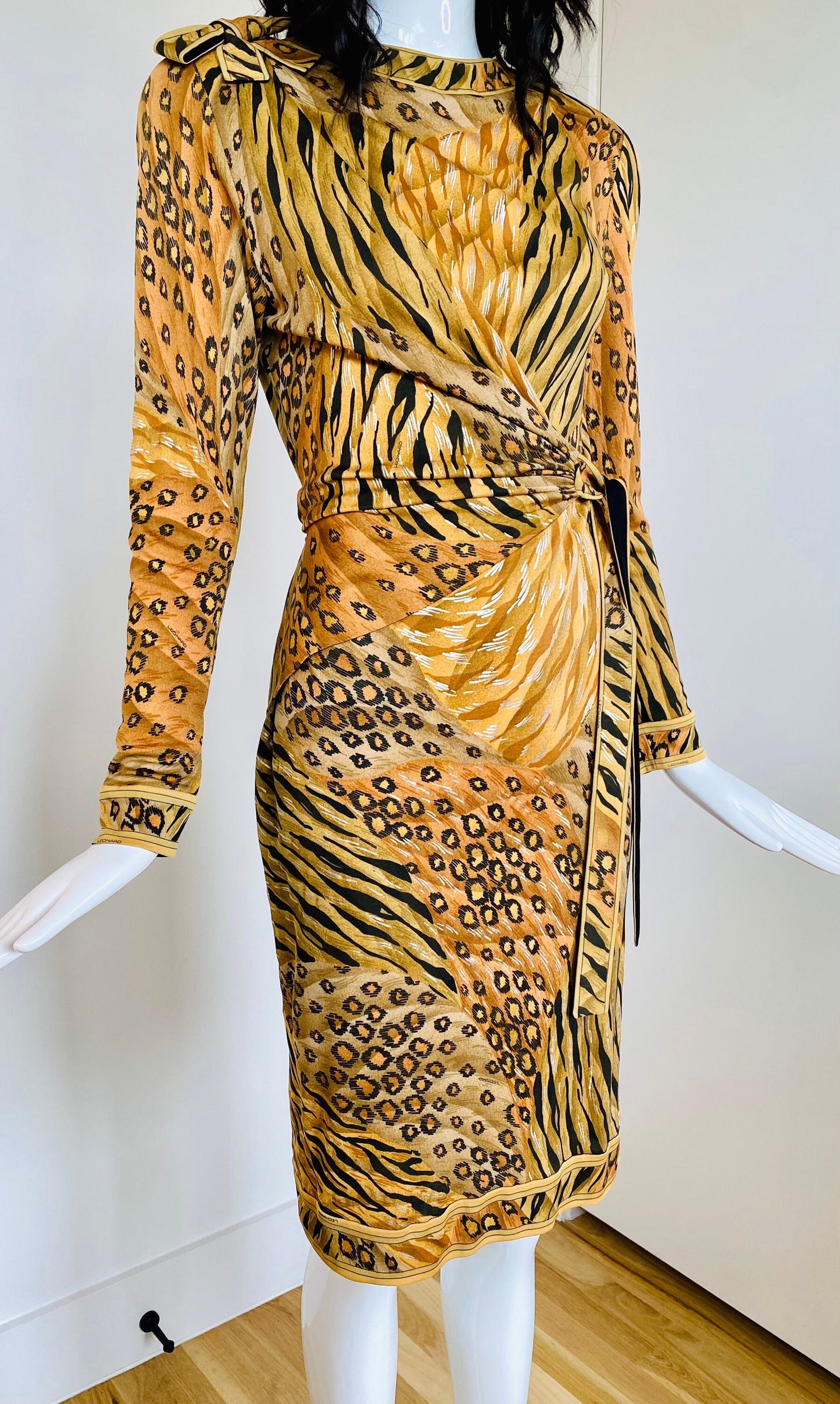Vintage Leonard Paris Cheetah Print Silk Jersey Wrap Long Sleeves Dress