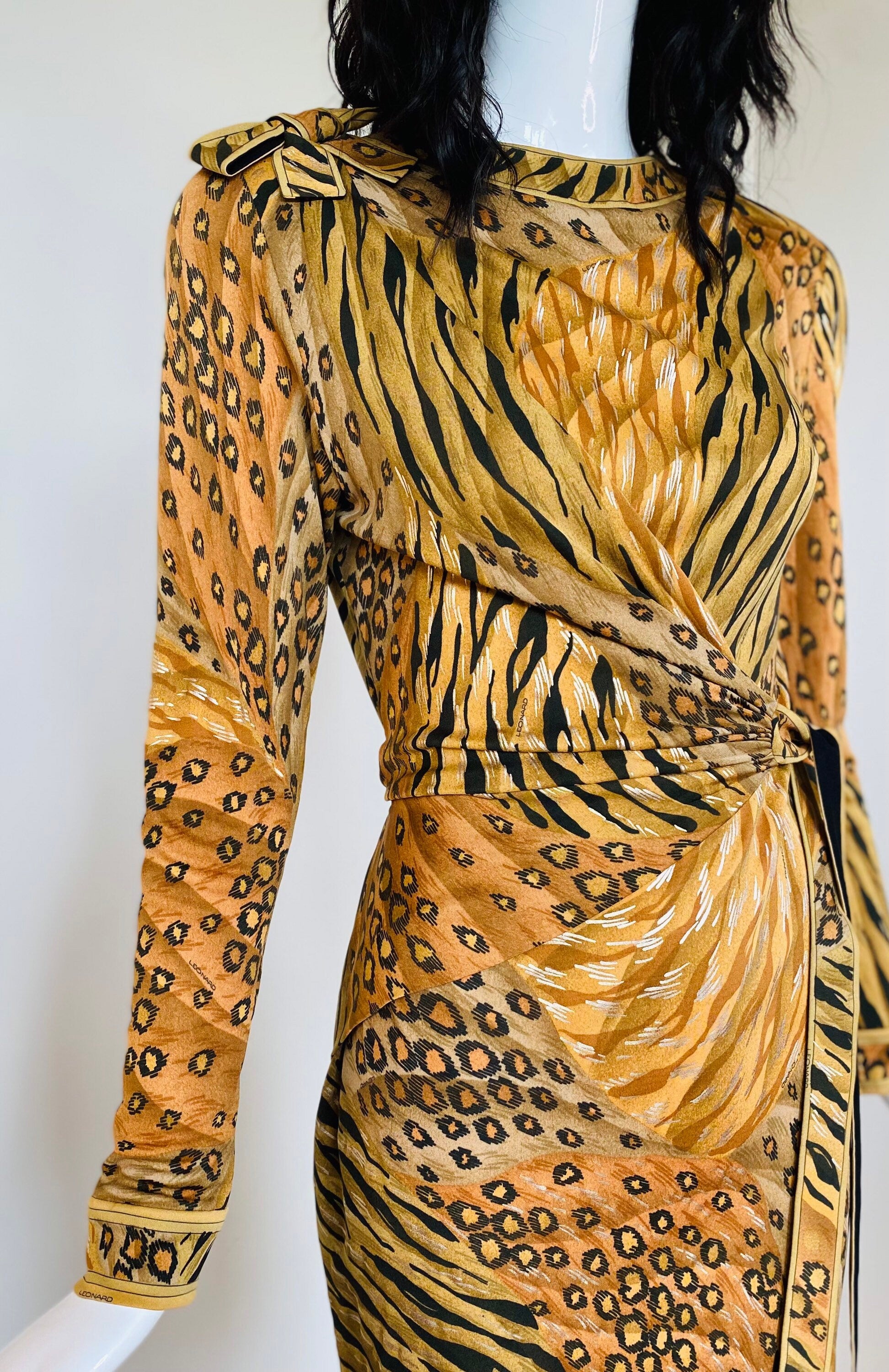Vintage Leonard Paris Cheetah Print Silk Jersey Wrap Long Sleeves Dress
