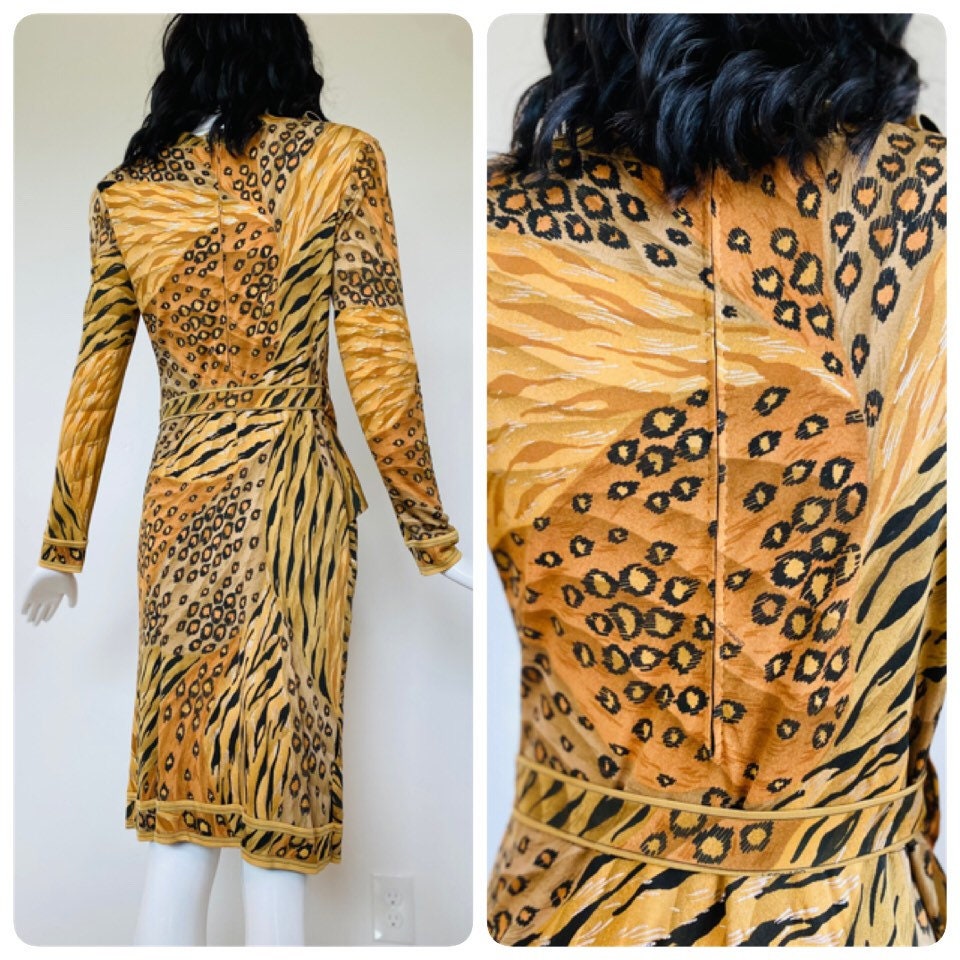 Vintage Leonard Paris Cheetah Print Silk Jersey Wrap Long Sleeves Dress