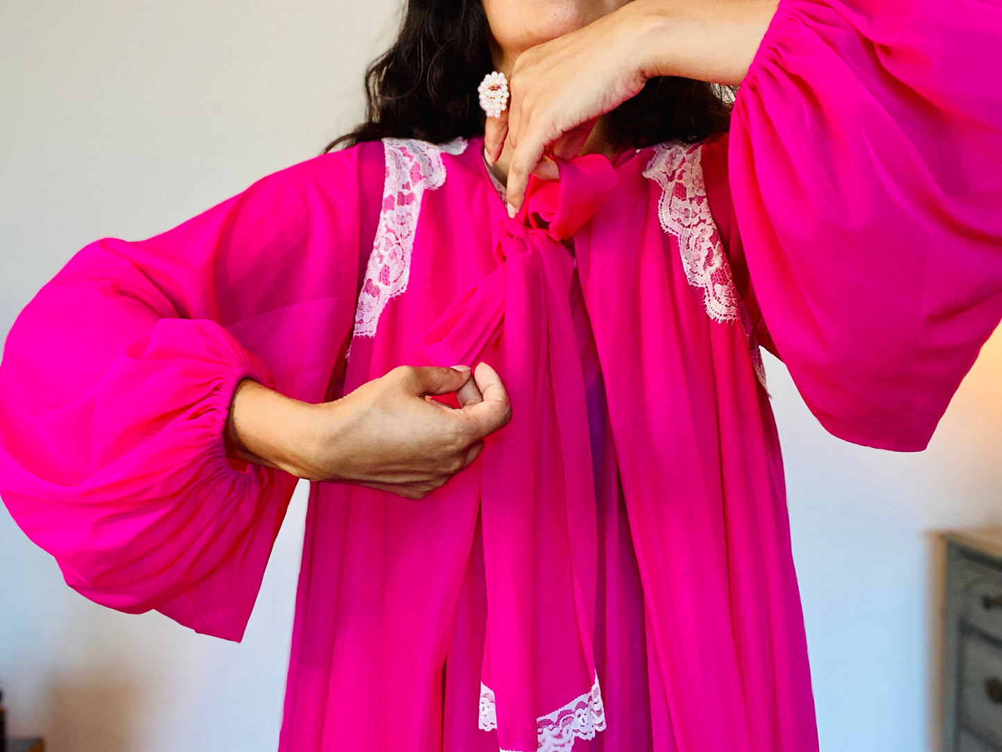 60s Claire Sandra by Lucie Ann Beverly Hills Hot Pink Nylon Sweeping Peignoir Set Neck Bow Lace Trim Balloon Sleeves