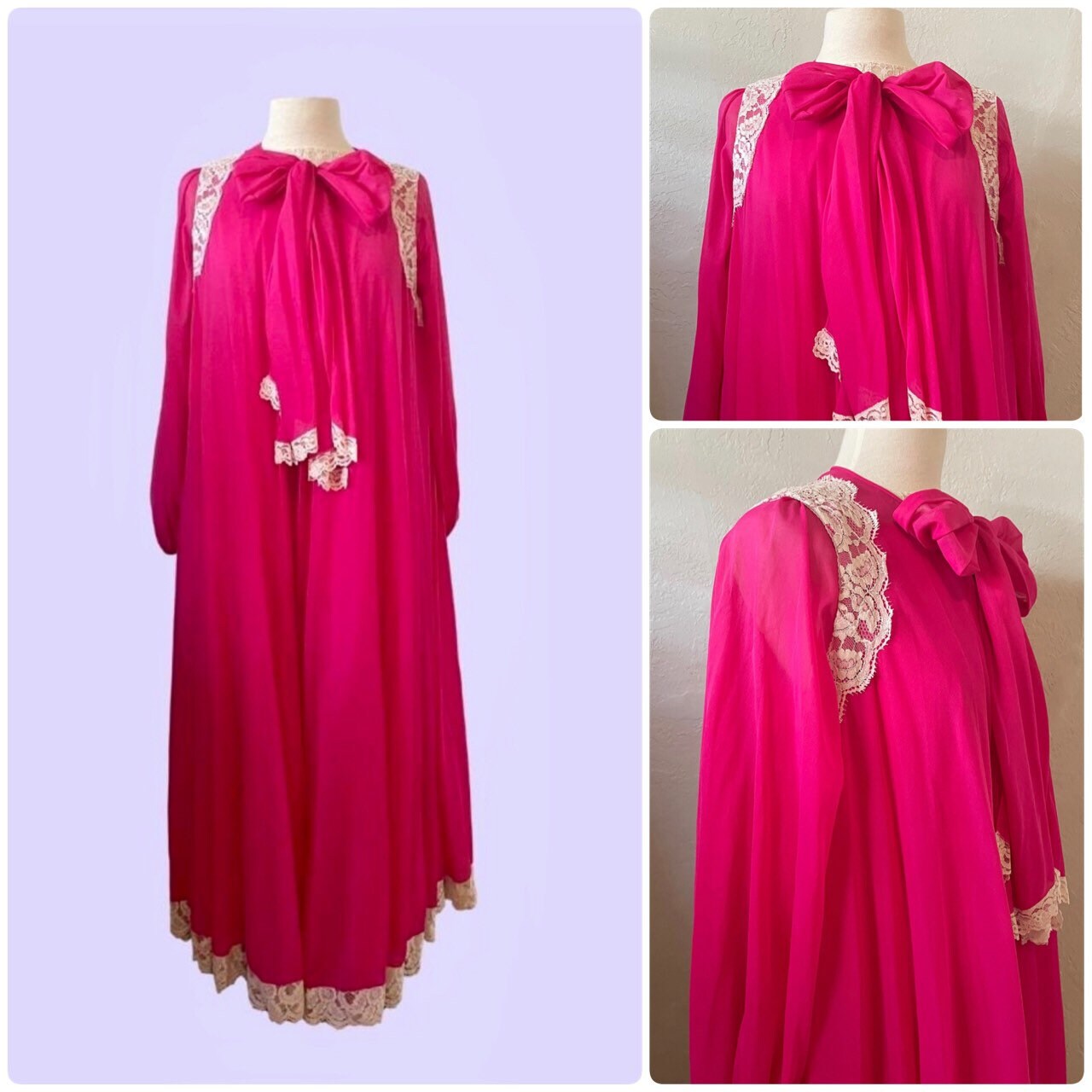 60s Claire Sandra by Lucie Ann Beverly Hills Hot Pink Nylon Sweeping Peignoir Set Neck Bow Lace Trim Balloon Sleeves