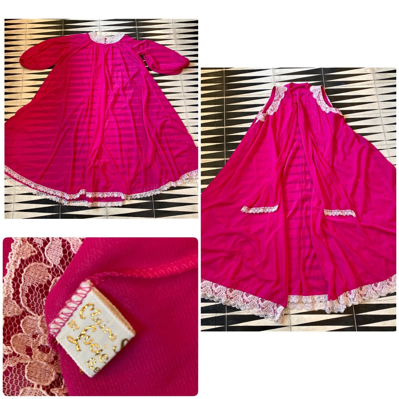 60s Claire Sandra by Lucie Ann Beverly Hills Hot Pink Nylon Sweeping Peignoir Set Neck Bow Lace Trim Balloon Sleeves