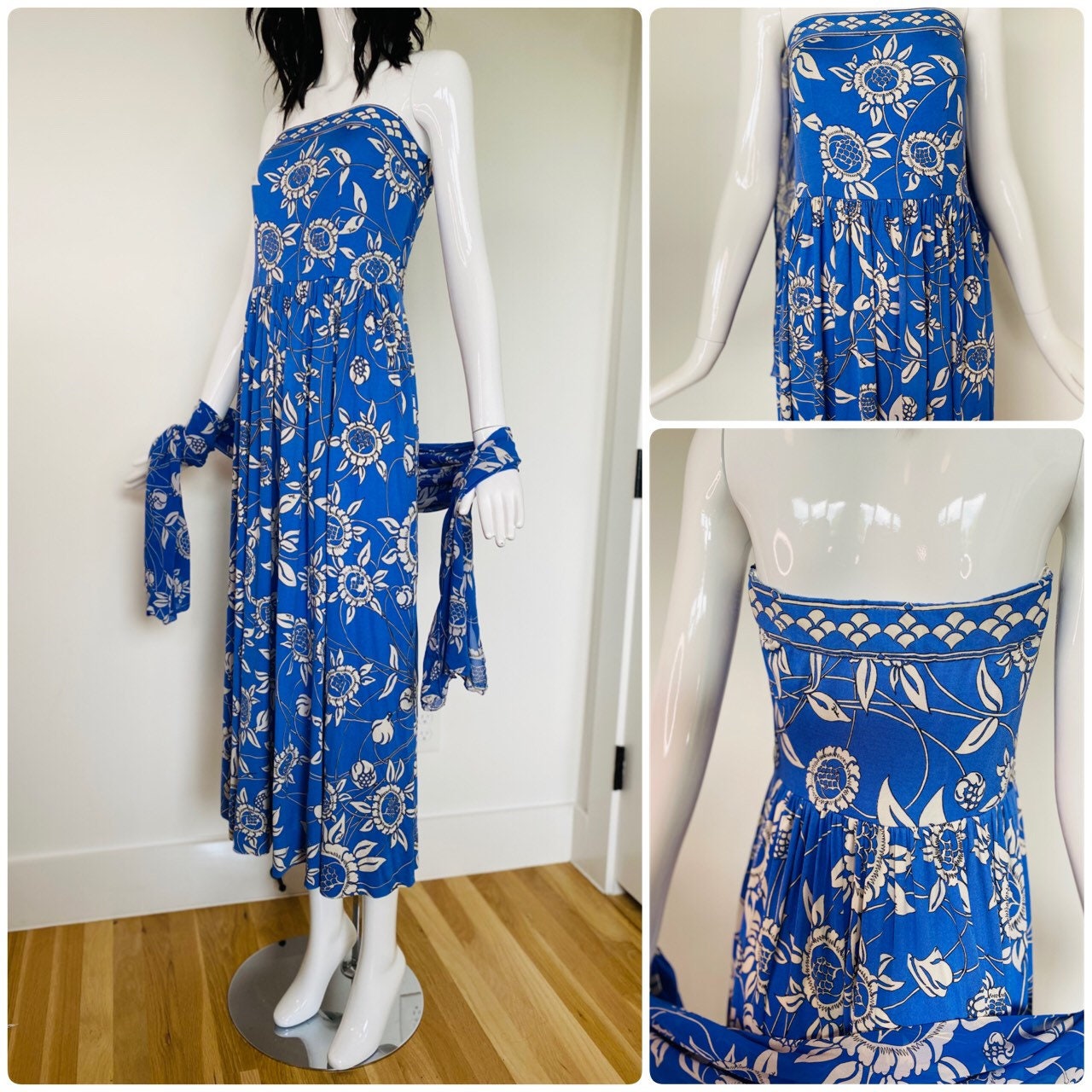 70s Emilio PUCCI Blue Floral Silk Strapless Maxi Dress and Shawl Ensemble Small/Medium