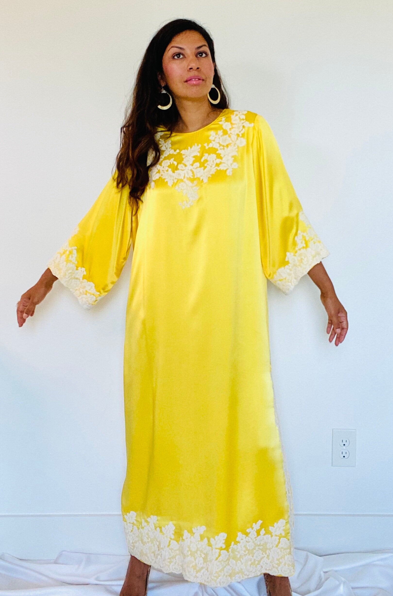 70s Rare Yellow Pure Silk Juel Park Beverly Hills Maxi Bell Sleeves Ankle Length Caftan Dress
