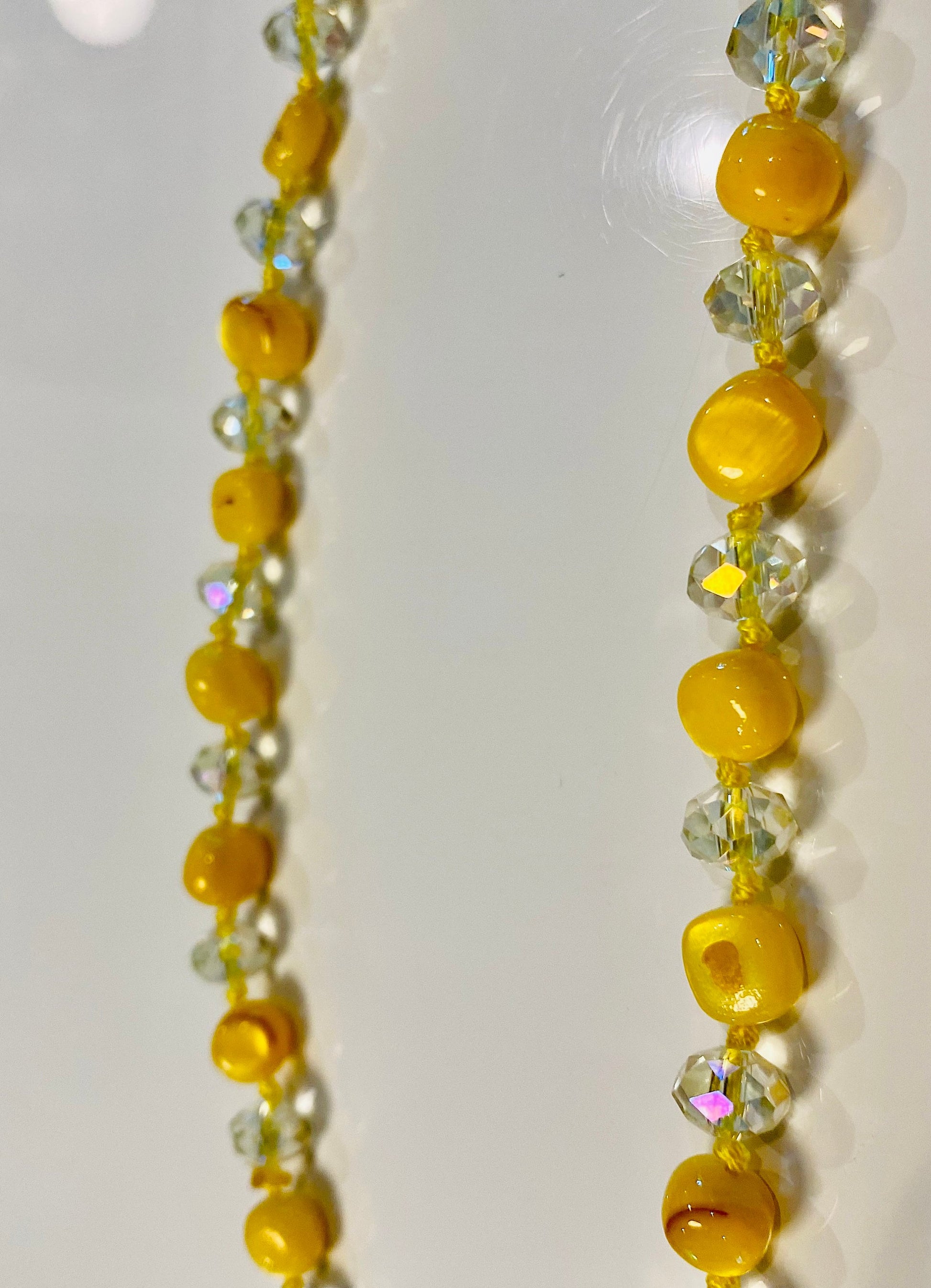 Glamorous Hand Knotted Yellow Crystal Look Lariat Long Necklace Estate Jewelry