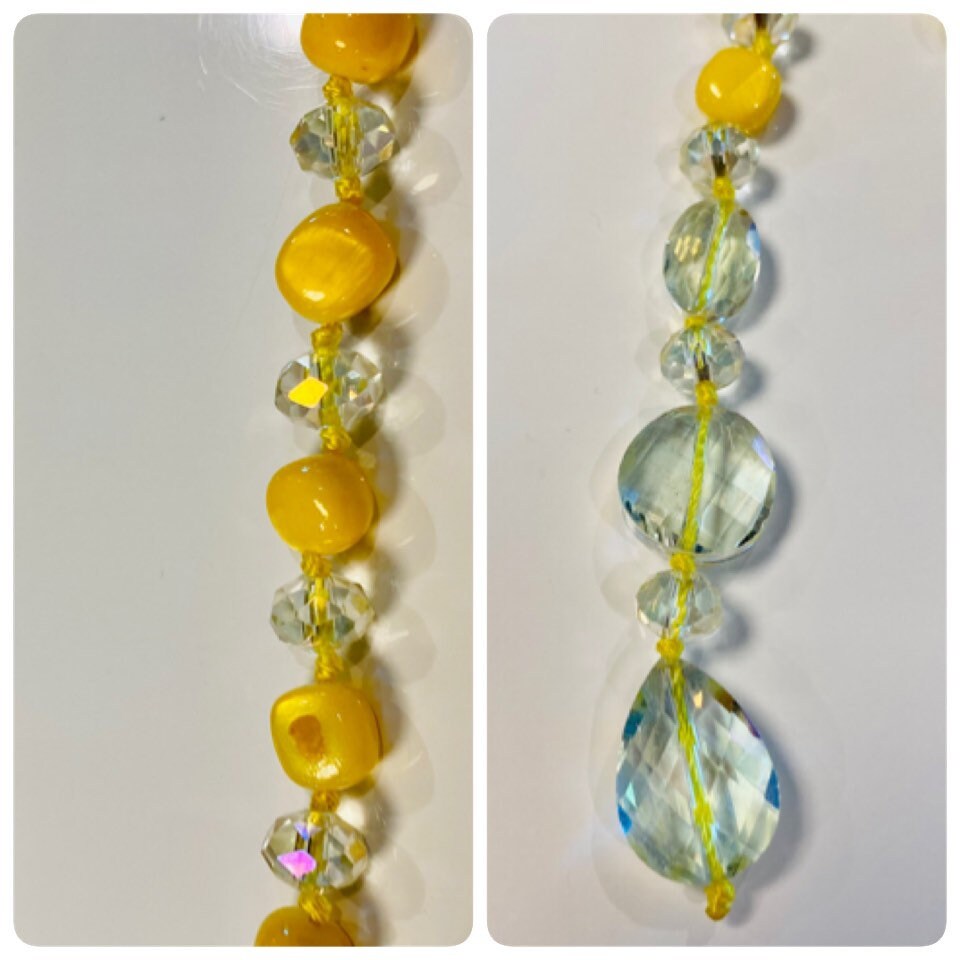 Glamorous Hand Knotted Yellow Crystal Look Lariat Long Necklace Estate Jewelry