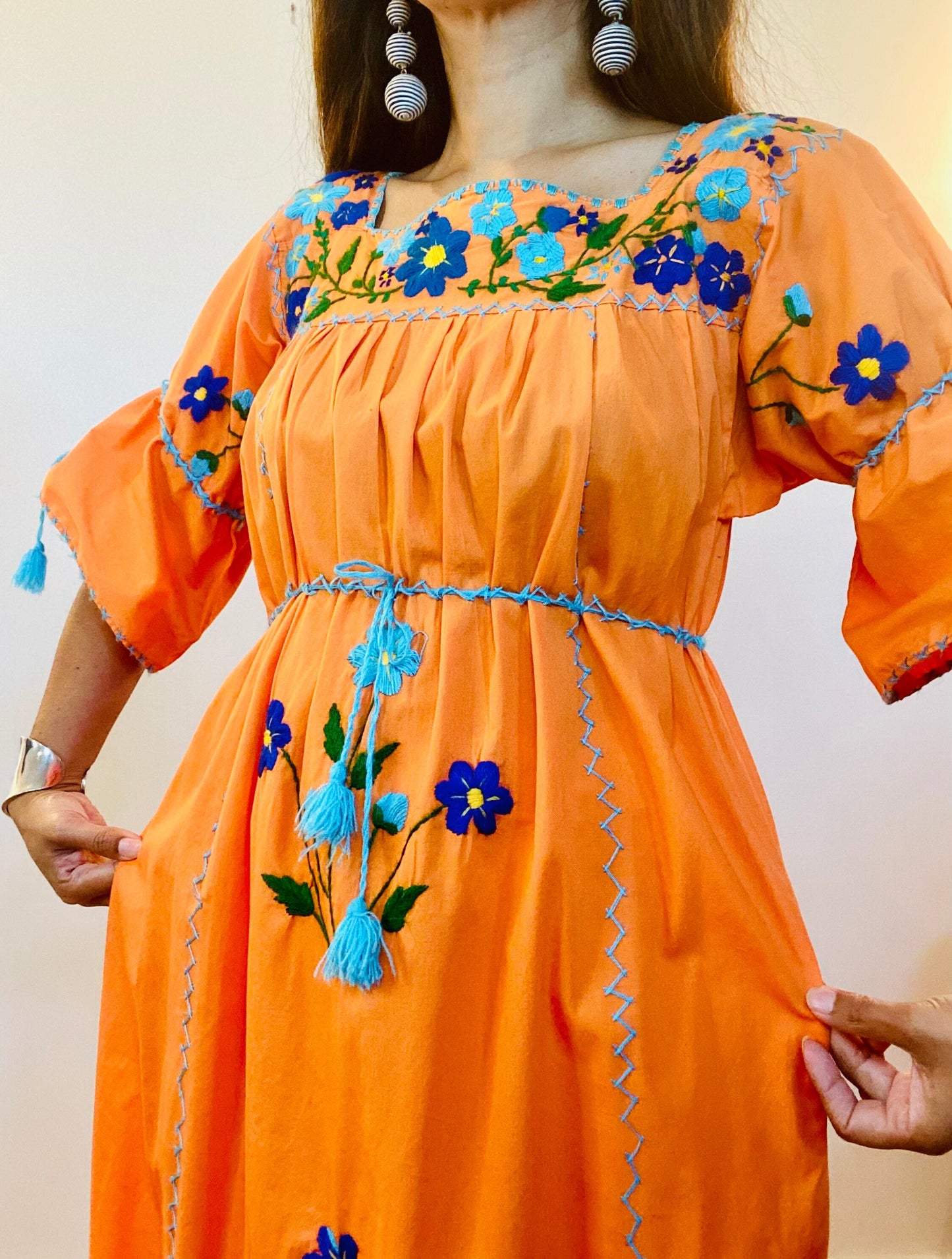 70s Orange Traditional Mexican Cotton Embroidered Maxi Caftan Dress Bell Sleeves