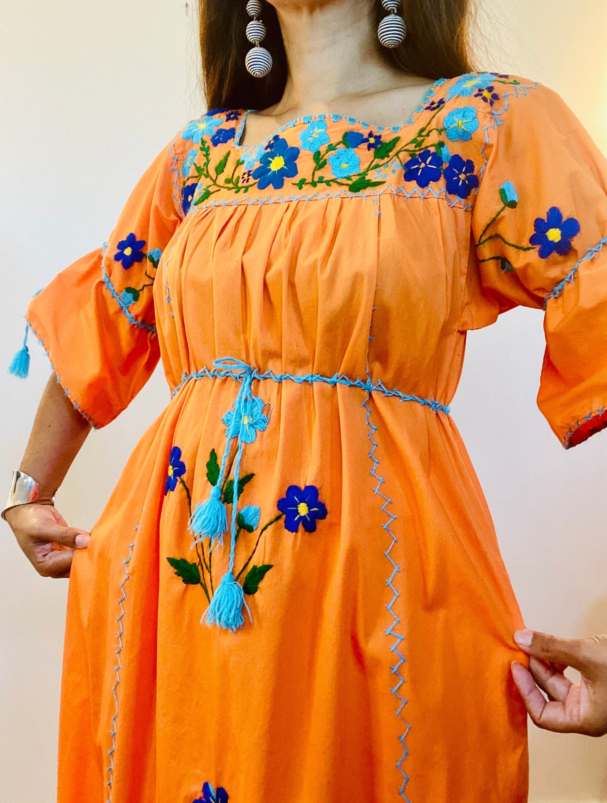 70s Orange Traditional Mexican Cotton Embroidered Maxi Caftan Dress Bell Sleeves