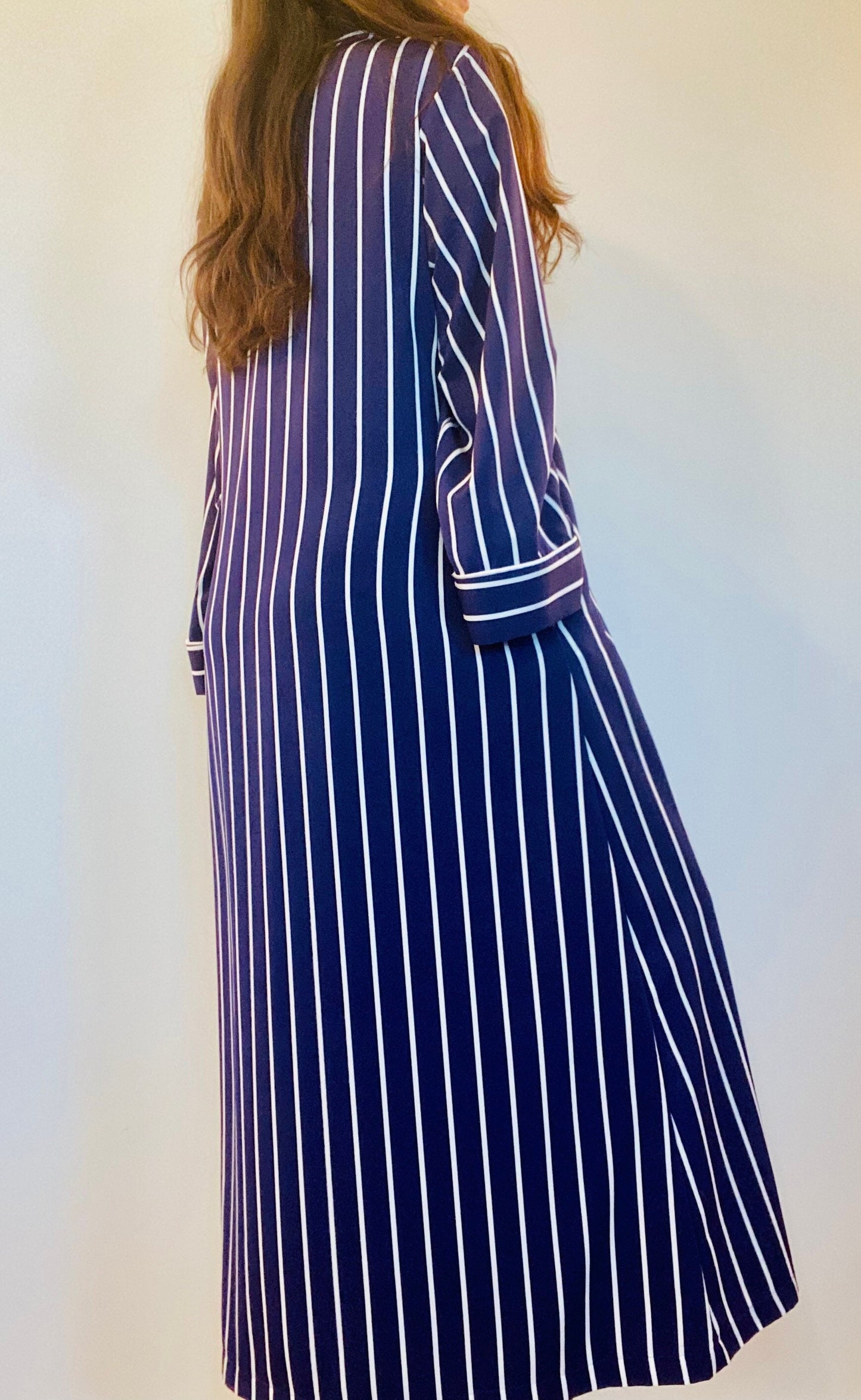 Vintage NATORI Navy and White Stripe Trapeze Unisex Caftan Long Sleeves Mandarin Collar