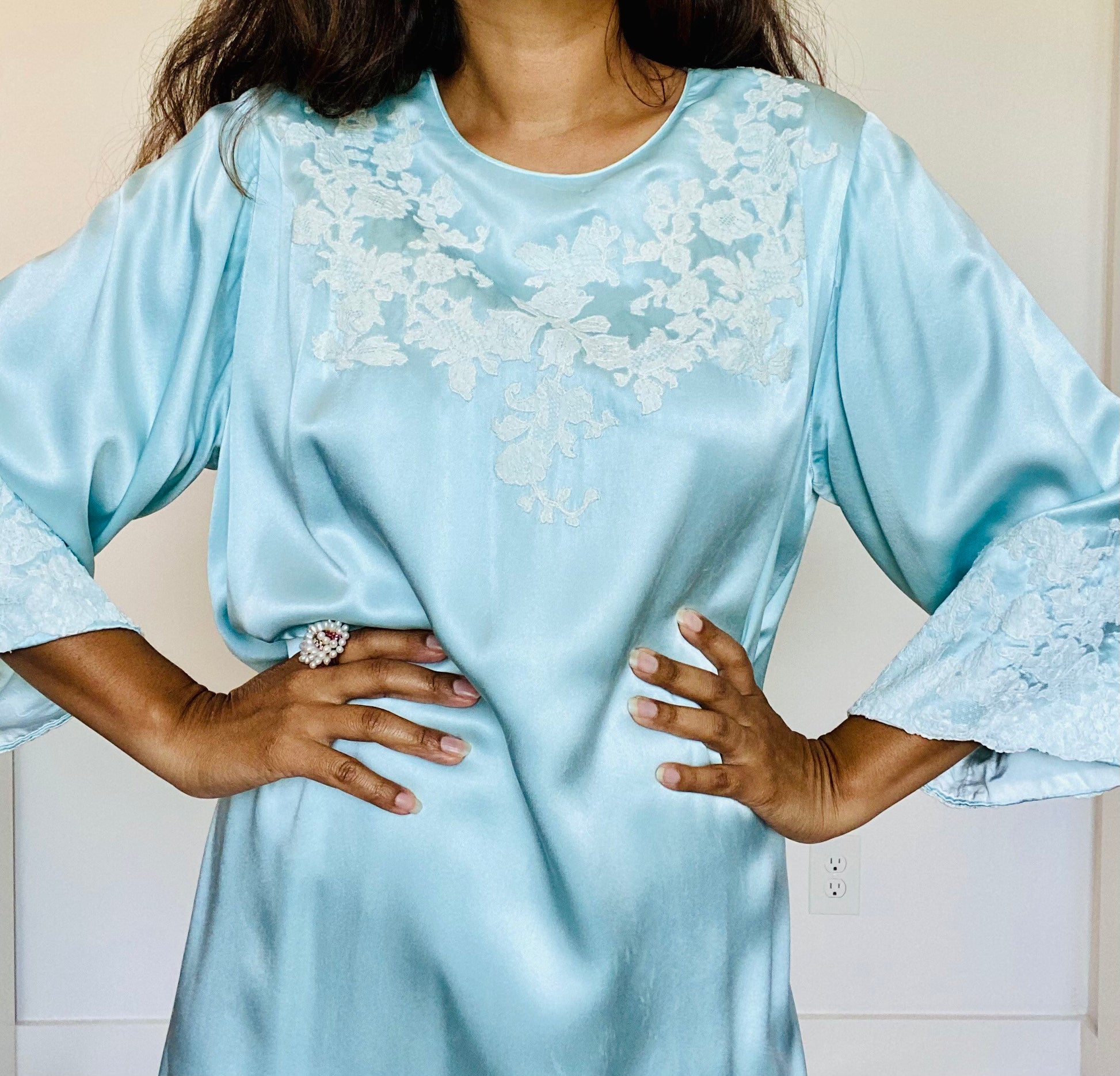 70s Rare Pure Silk Juel Park Beverly Hills Maxi Bell Sleeves Ankle Length Caftan Dress