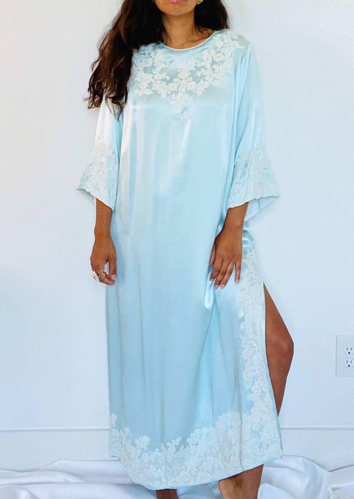 70s Rare Pure Silk Juel Park Beverly Hills Maxi Bell Sleeves Ankle Length Caftan Dress