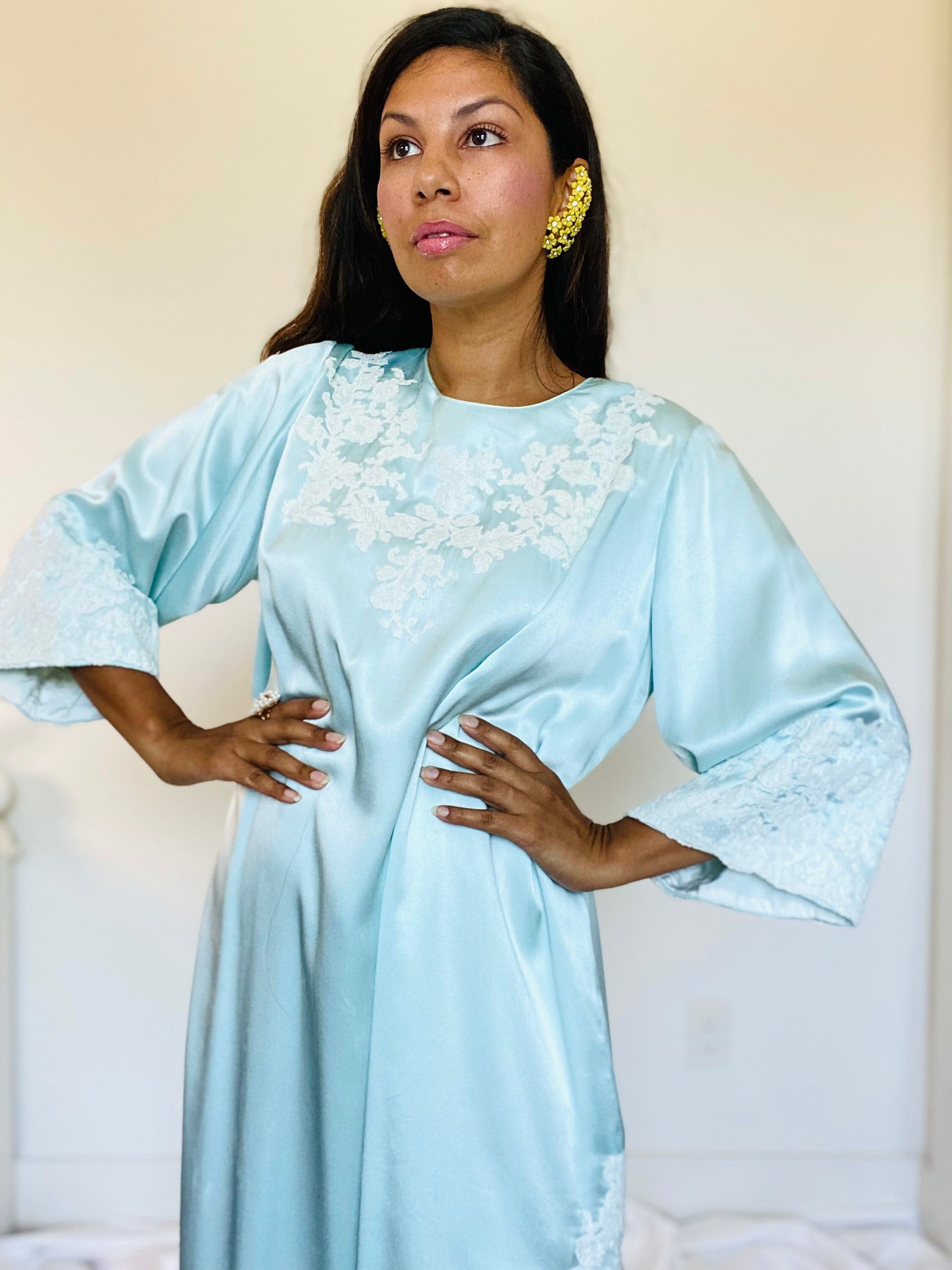 70s Rare Pure Silk Juel Park Beverly Hills Maxi Bell Sleeves Ankle Length Caftan Dress