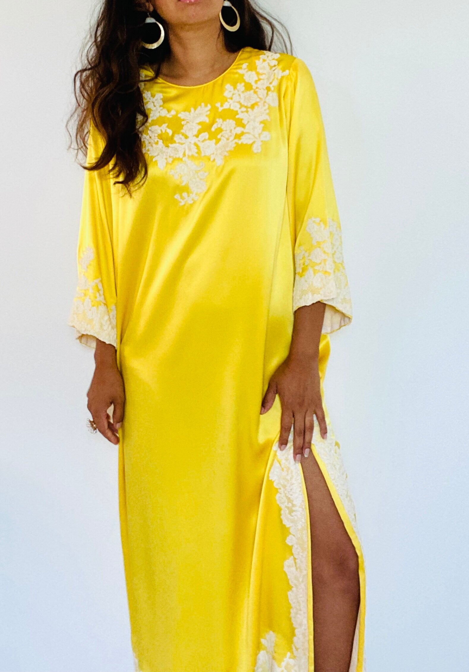 70s Rare Yellow Pure Silk Juel Park Beverly Hills Maxi Bell Sleeves Ankle Length Caftan Dress