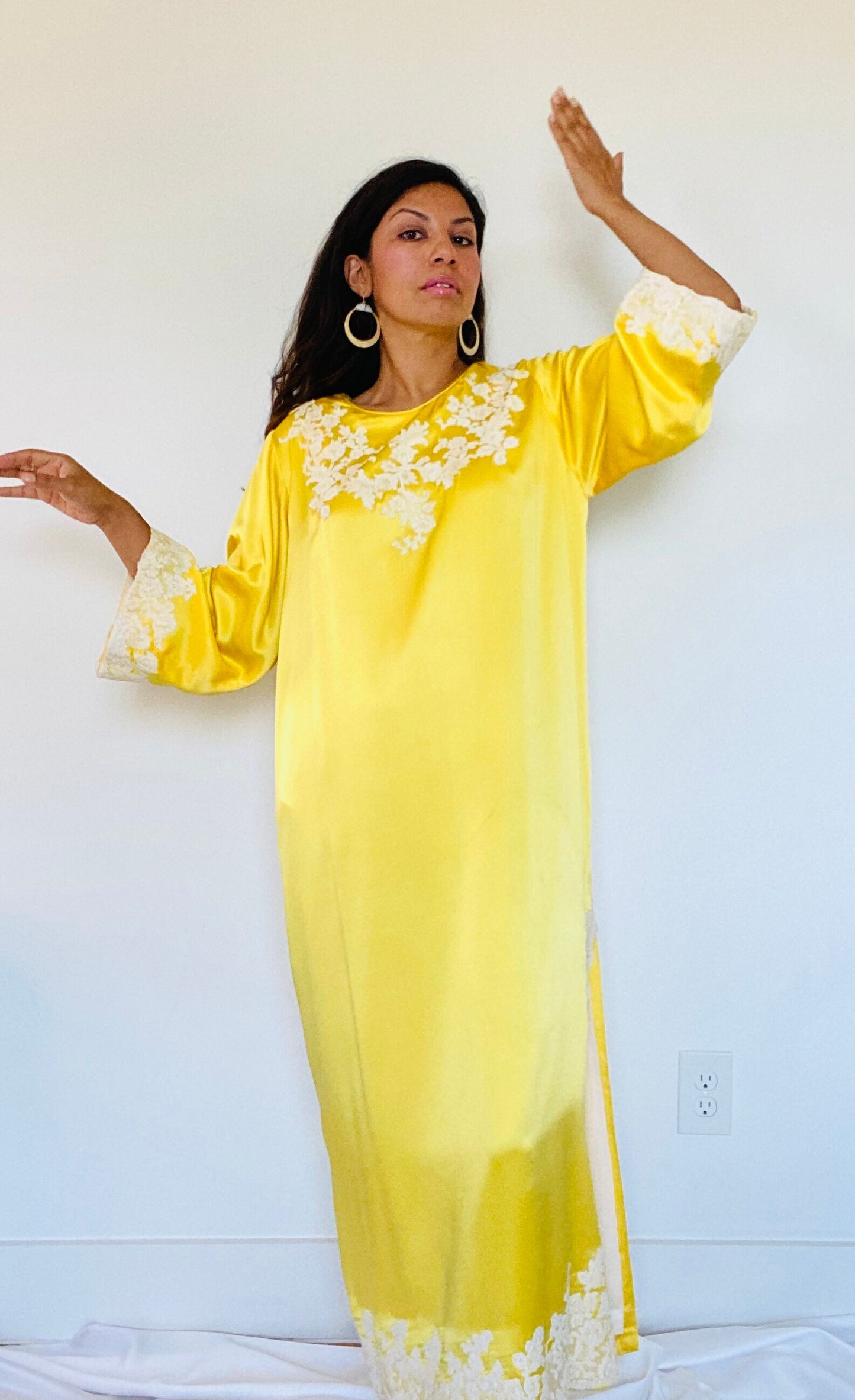 70s Rare Yellow Pure Silk Juel Park Beverly Hills Maxi Bell Sleeves Ankle Length Caftan Dress