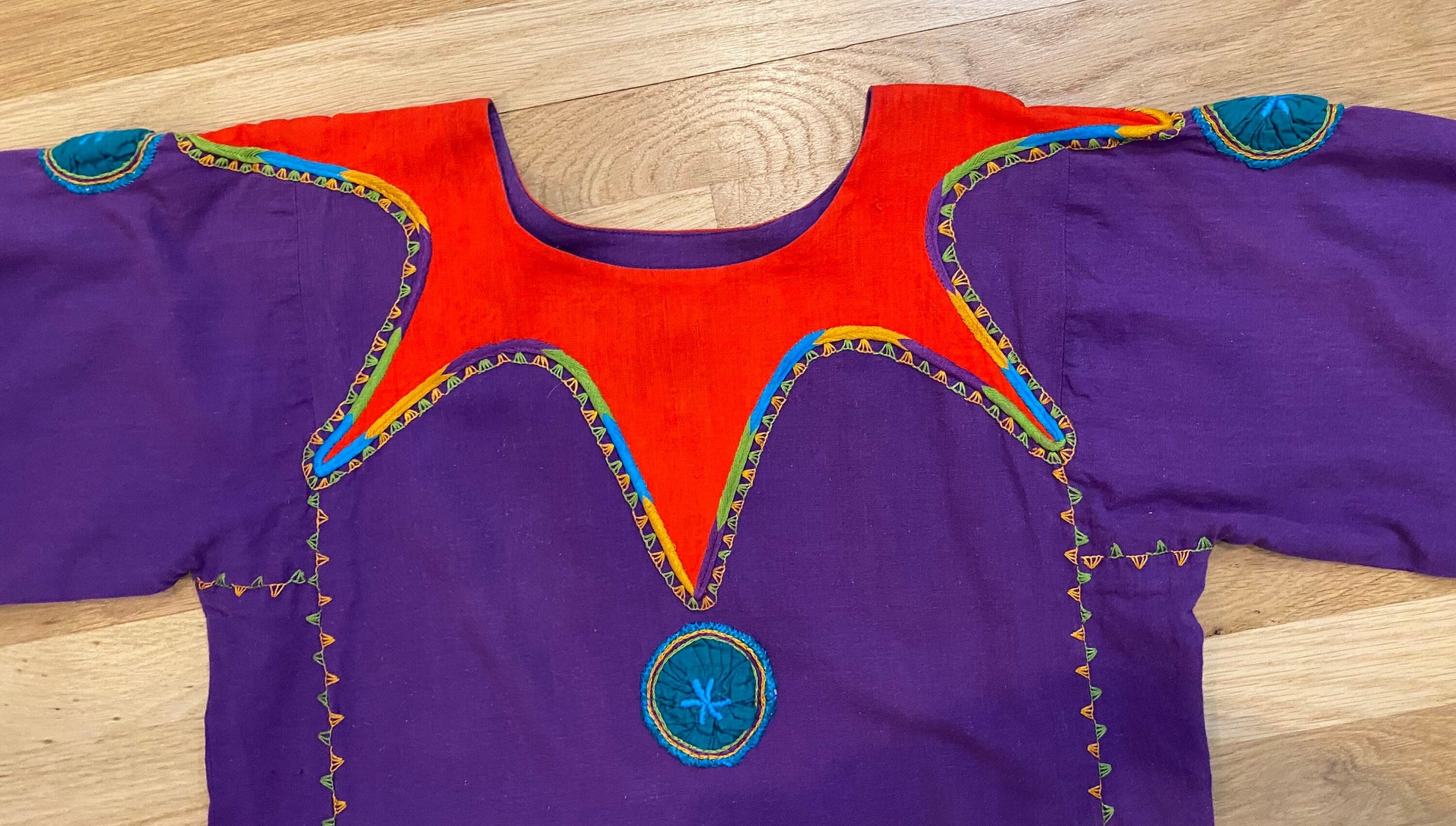 70s Josefa Ibarra Mexican Long Sleeves Purple Organic Cotton Embroidered Long Unisex Maxi Caftan Dress Bell Sleeves