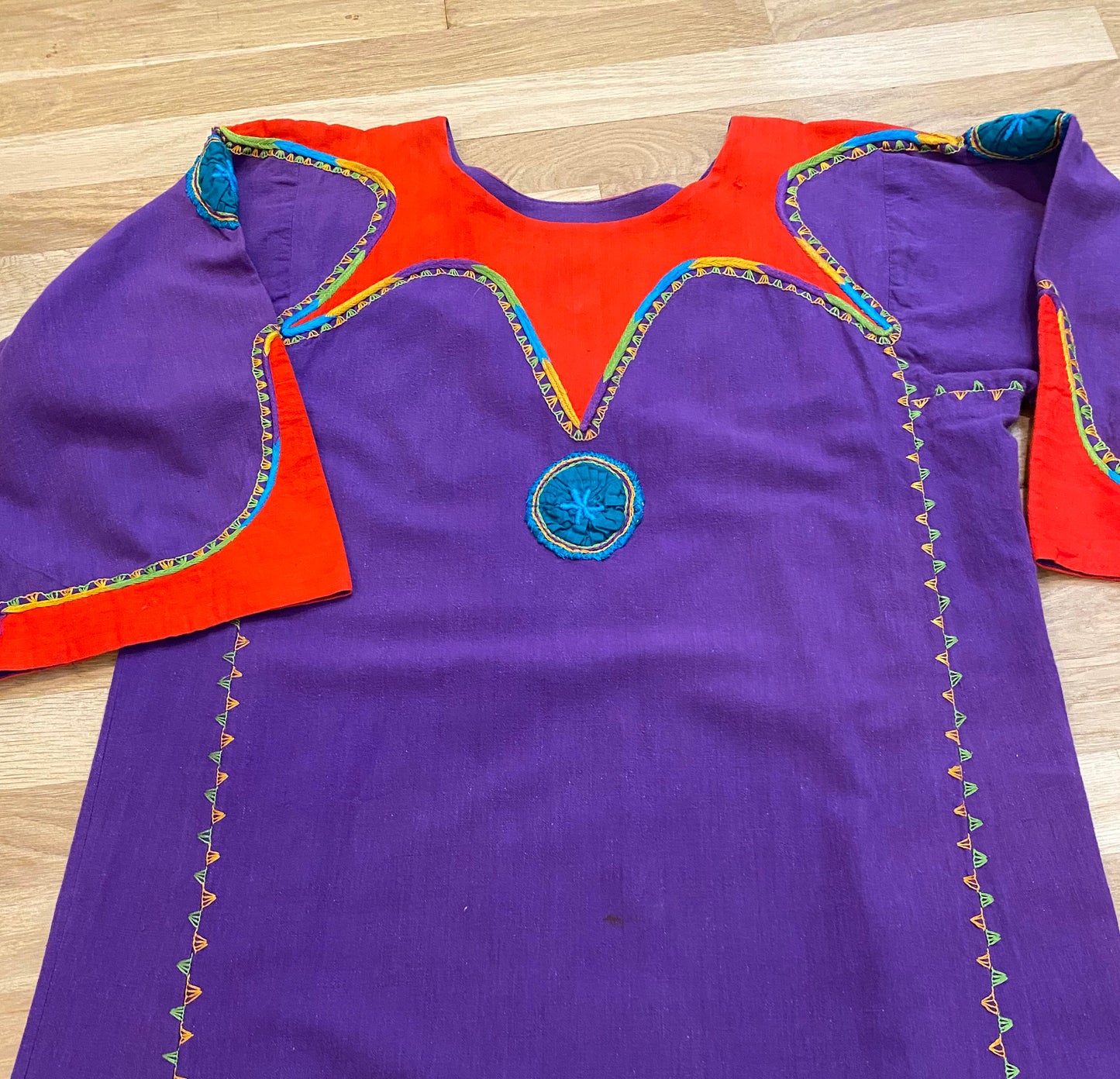 70s Josefa Ibarra Mexican Long Sleeves Purple Organic Cotton Embroidered Long Unisex Maxi Caftan Dress Bell Sleeves