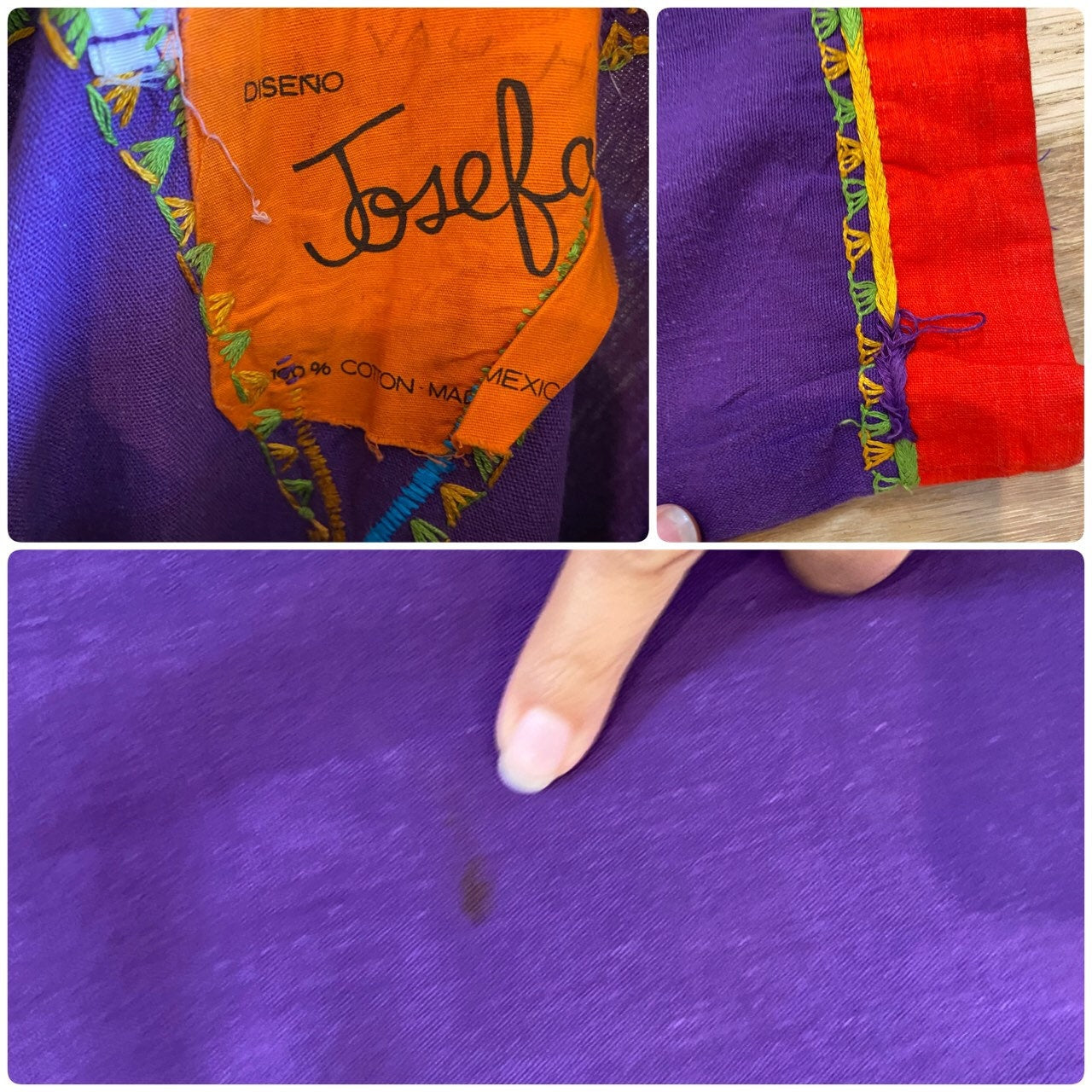 70s Josefa Ibarra Mexican Long Sleeves Purple Organic Cotton Embroidered Long Unisex Maxi Caftan Dress Bell Sleeves