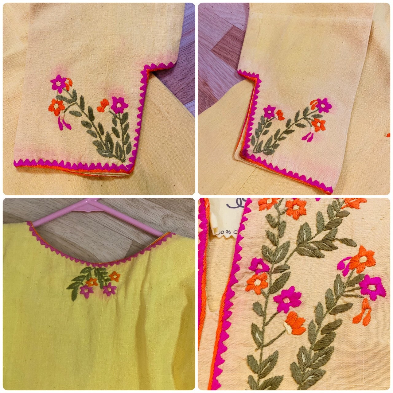 70s Josefa Ibarra Yellow Organic Cotton Embroidered Boho Hippie Caftan Small Medium